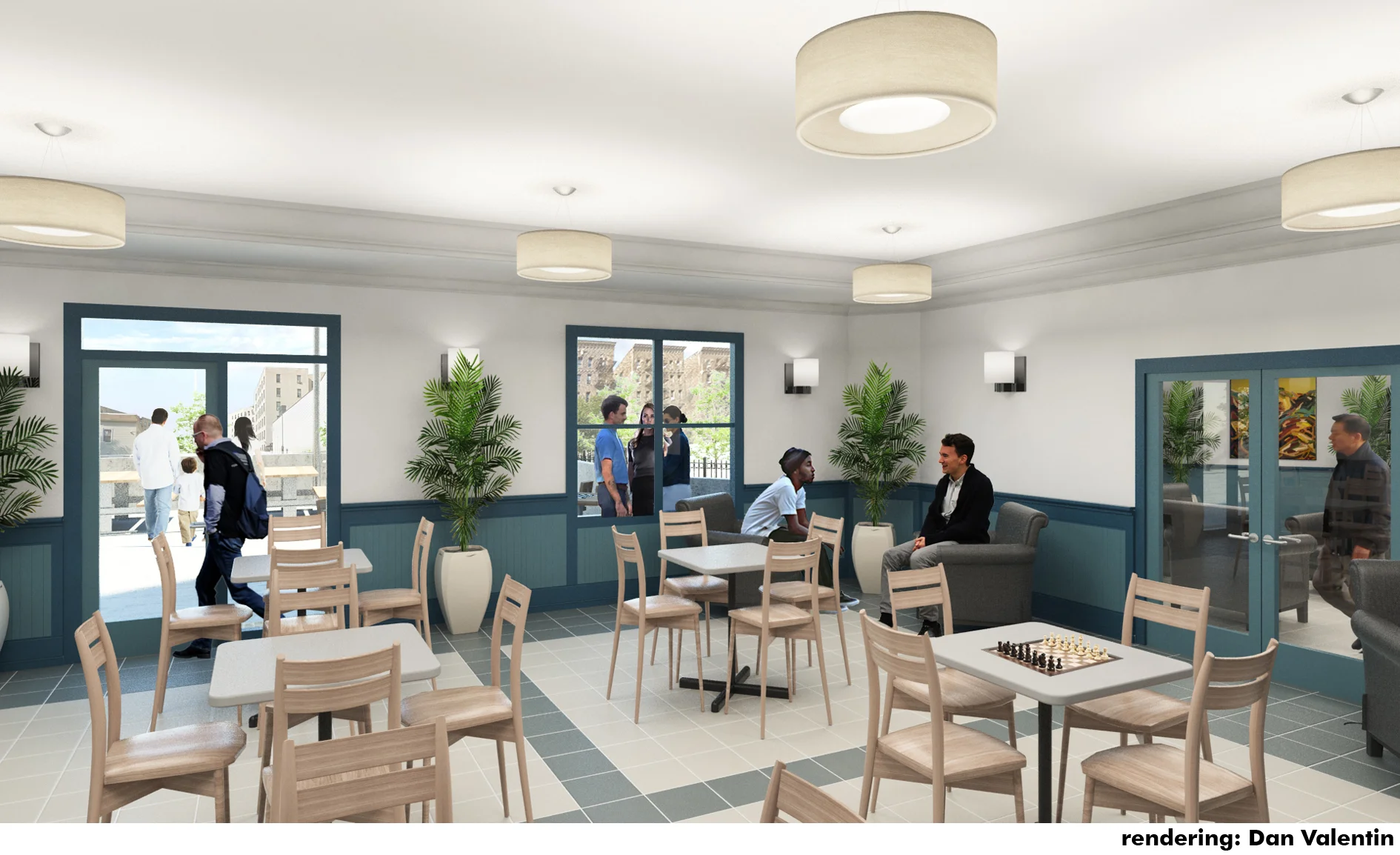 view into community room with opening to terrace
