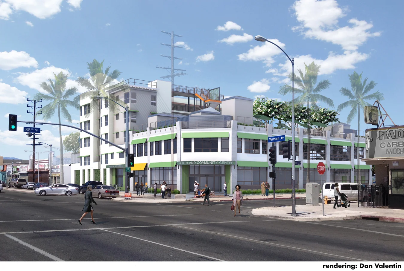 view of mixed-use building from southwest
