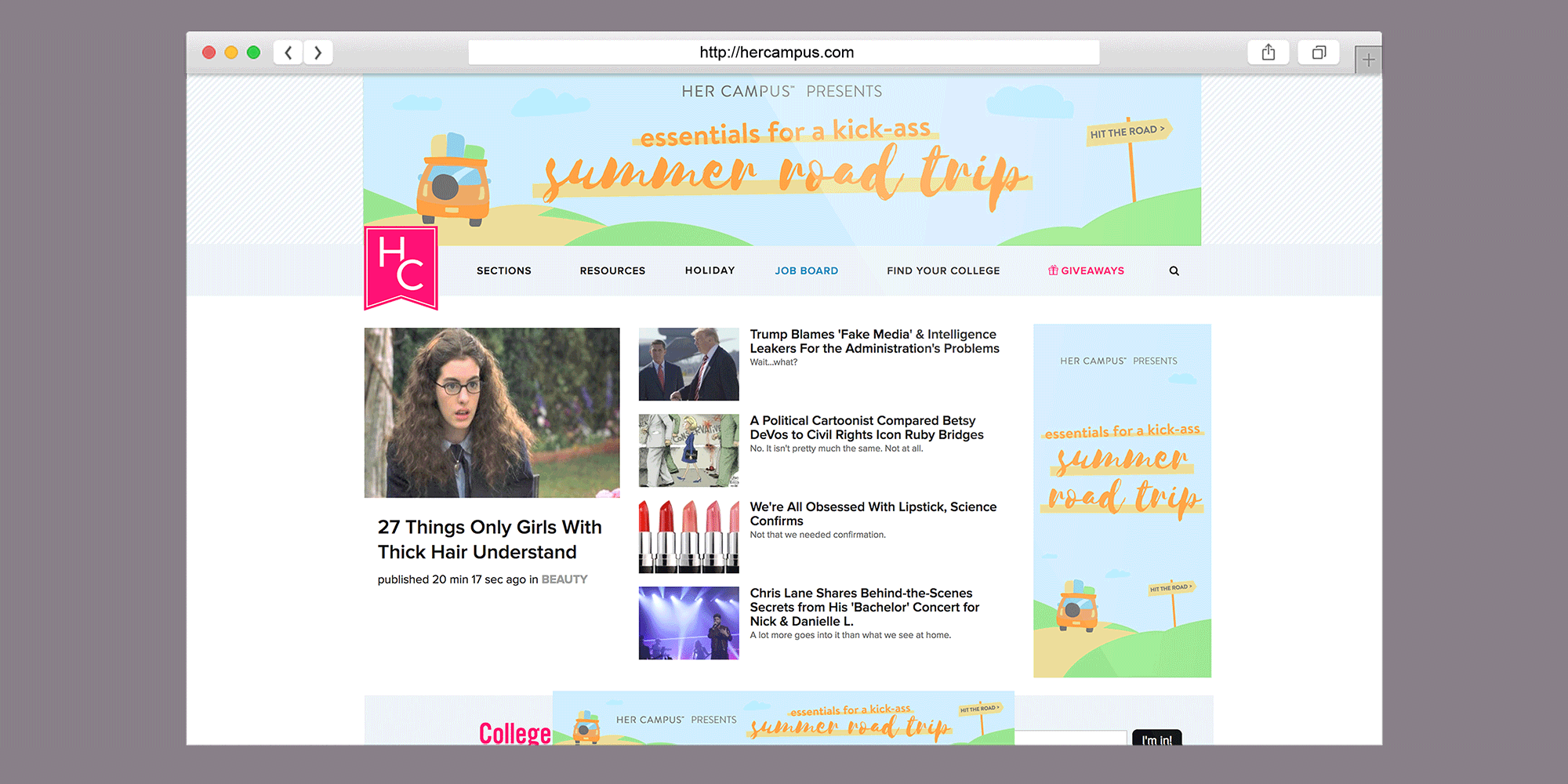Ads include promotions for Her Campus giveaways and articles, often in collaboration with other brands