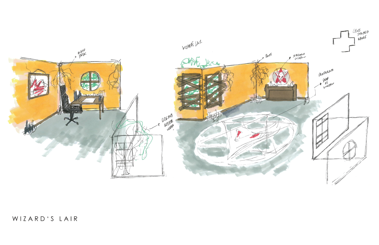Rough sketches for the set, we had to create a magician´s / wizard lab or lair