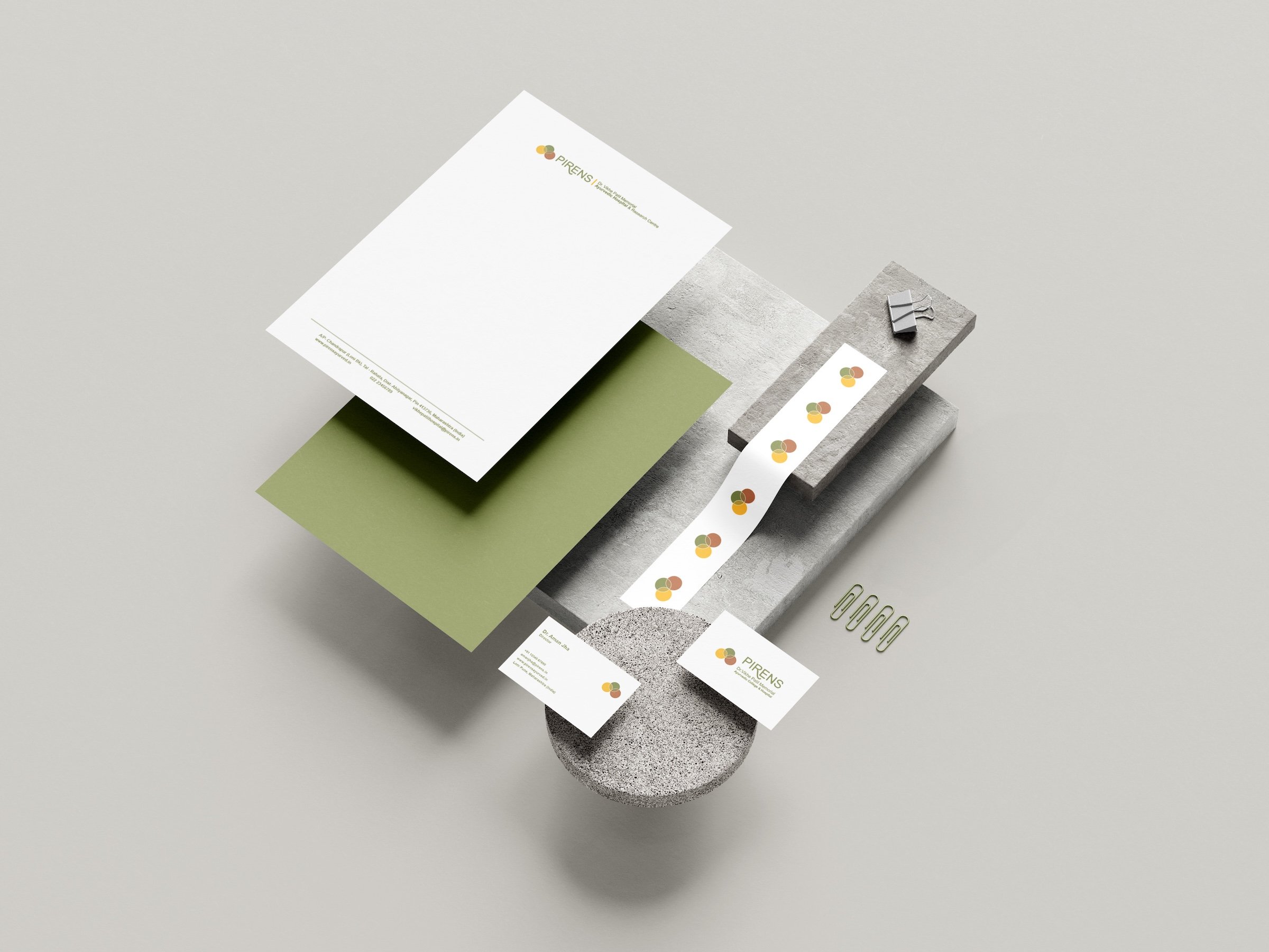 PIRENS branded stationery suite including letterhead and business cards
