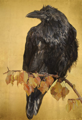 wendy lindbergh's autumn raven, oil and gold leaf, at theo ganz studio