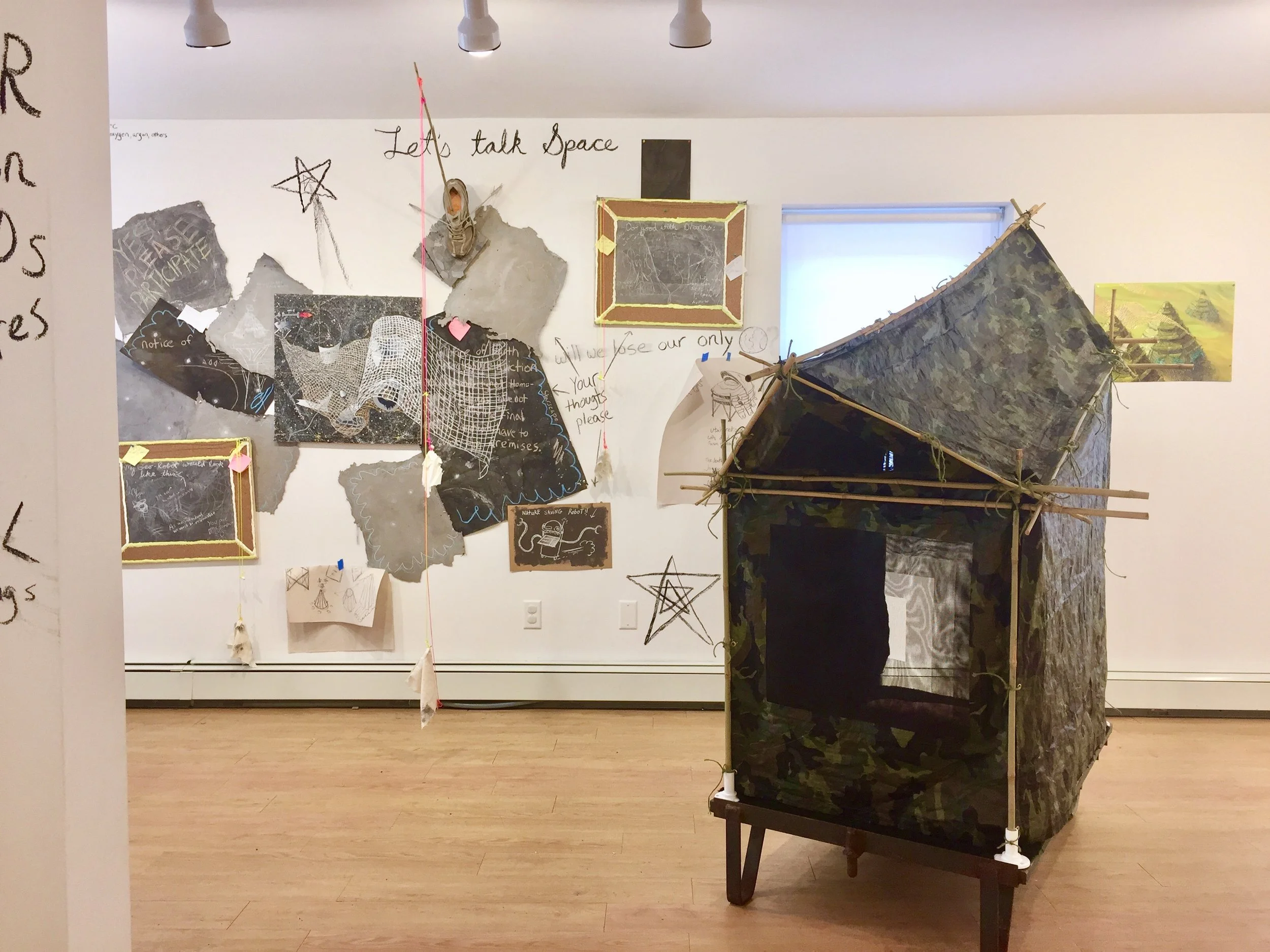 A tent structure (Wisdom Tent) is designed to be a contemplative and reflective space as well as a nomadic shelter. Photo Credit: Matteawan Gallery