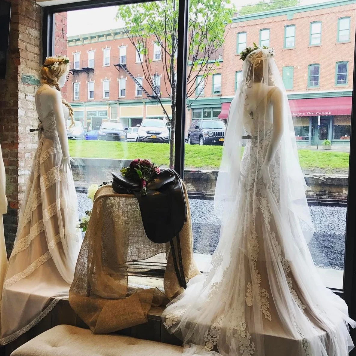 View from the inside of Lambs Hill boutique, looking up past the train tracks at Main Street in Beacon, NY.