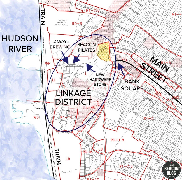 Linkage District, as published on the City of Beacon's Zoning Map included here , and modified by A Little Beacon Blog in order to show you where the Linkage District is. It's easy to get lost in the lines! Graphic Art Credit: Katie Hellmuth Martin