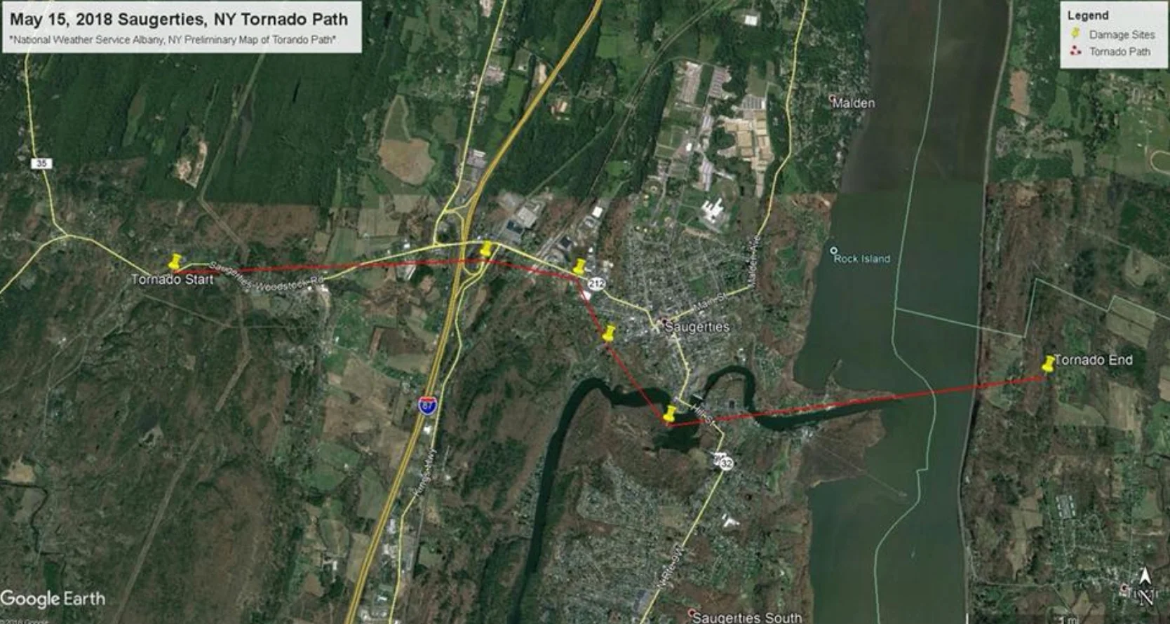 A map of a tornado path in Saugerties shows a tornado traveling across the Hudson River. Photo Credit: National Weather Service via Hudson Valley Weather .