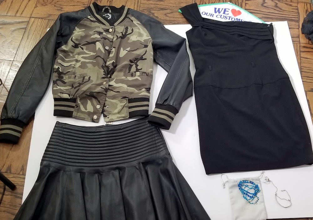Camo jacket faux leather sleeve, faux leather skirt, Black Halo dress.jpg