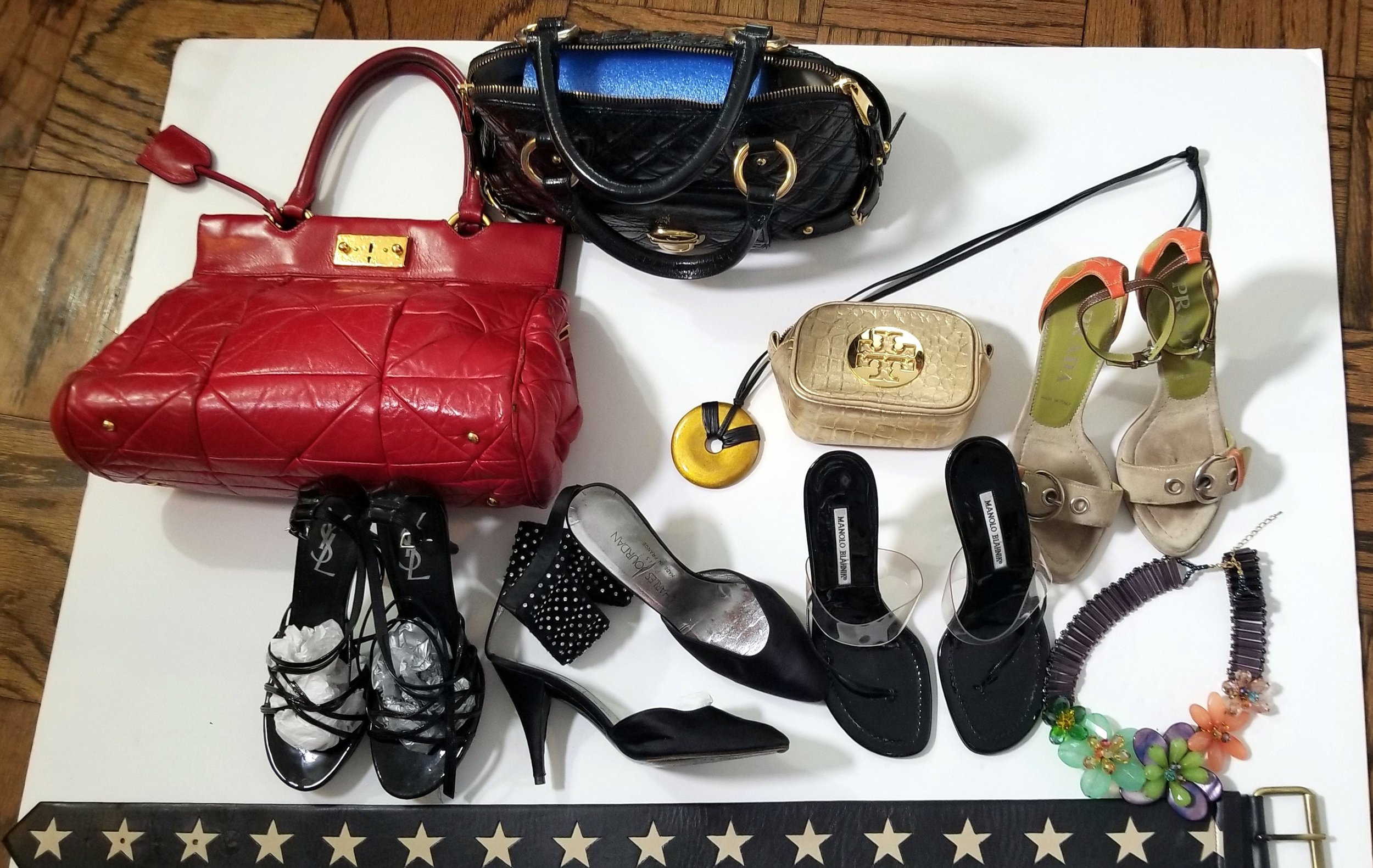 Marc Jacobs hand bags, Tory Burch makeup,Prada,YSL,vintage ,Manohlo Blahnick,jewerly, belts.jpg