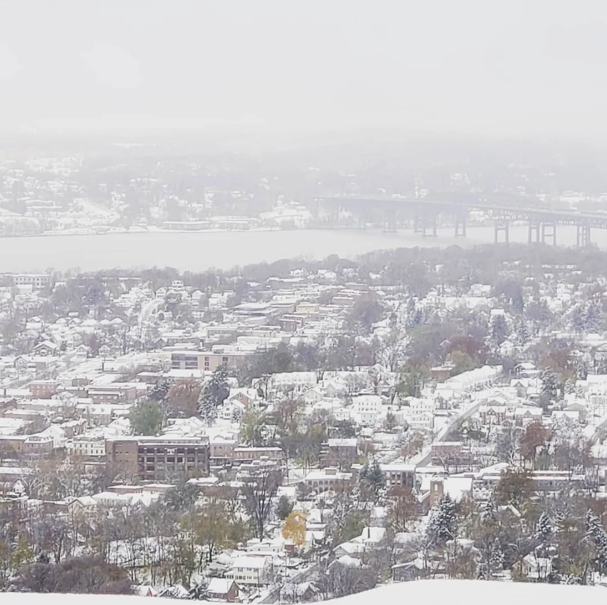 Lambs Hill Bridal Boutique at the base of the mountain is not open today due to snow, but this is the view from the Lambs Hill Wedding Venue at the top of Mount Beacon, overlooking the city-town. Photo Credit: Lambs Hill