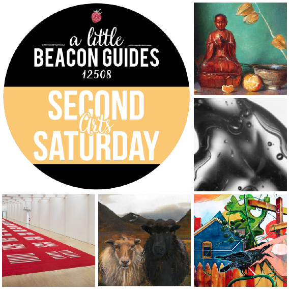 Some of the Art Gallery Openings in Beacon, NY, for January 2019. Clockwise from top right: Beacon Fine Art Gallery at the Inn and Spa at Beacon; Monochrome photography show at the Howland Cultural Center; Amanda E. Gross at Catalyst Gallery; imPerfect Poetics of Place group show at Hudson Beach Glass; and Walter DE Maria’s 360° I Ching/64 Sculptures at Dia.