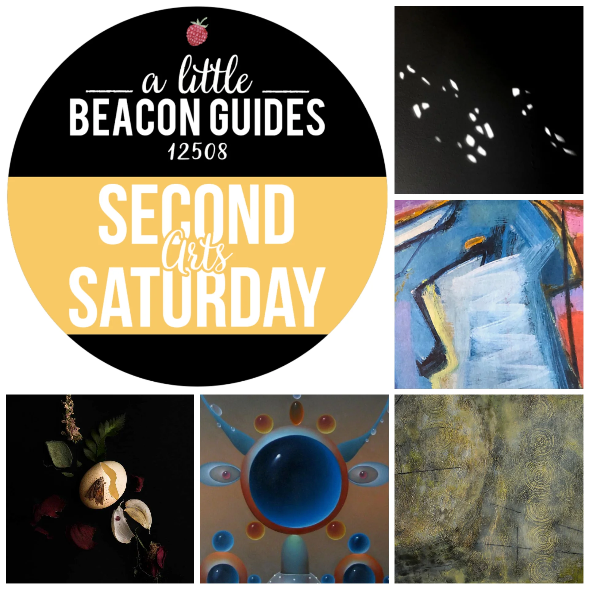 Happy Second Saturday for May 2019! New shows are opening all around Beacon. Some of them include, clockwise from top right: Martin D. Fowler at Big Mouth Coffee Roasters; the Rain Taxi Review of Books at Photo Book Works; Alessandro Keegan at Mother Gallery; and Meghan Spiro at Hudson Beach Glass.