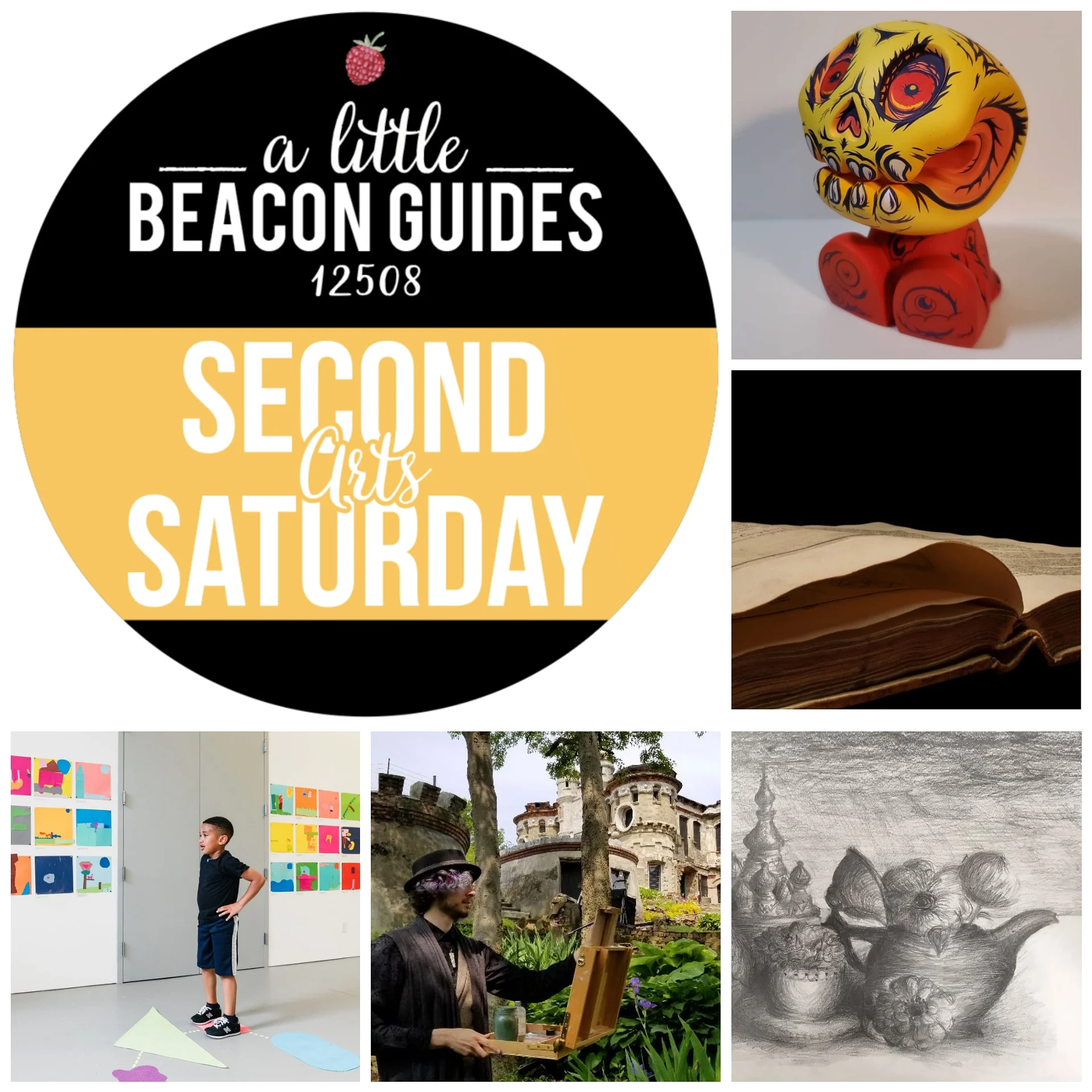 HAPPY SECOND SATURDAY FOR JUNE 2019! NEW SHOWS ARE OPENING ALL AROUND BEACON. SOME OF THEM INCLUDE, CLOCKWISE FROM TOP RIGHT: RATTLE & BONES AT CLUTTER MAGAZINE GALLERY; LAURA MIGLIORINO AT PHOTO BOOK WORKS; BEACON SCHOOLS ART STUDENTS AT HOWLAND PUBLIC LIBRARY; PLEIN-AIR PAINTERS AT BANNERMAN ISLAND GALLERY; AND MORE FROM BEACON SCHOOLKIDS AT DIA: BEACON.