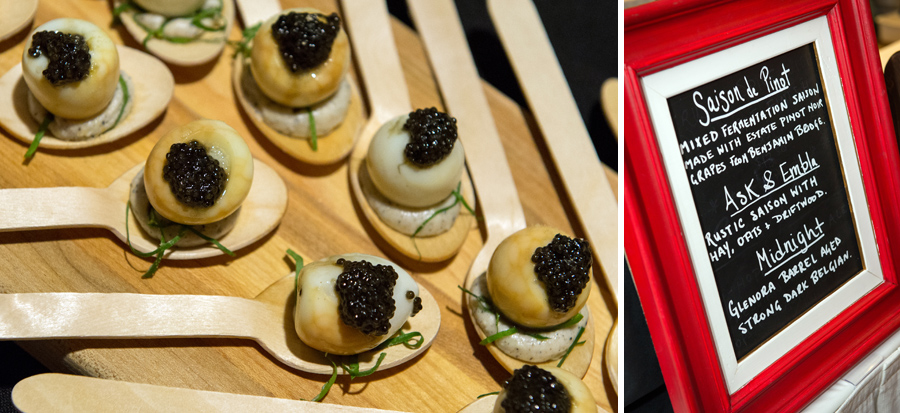 Battery Park Beer Bar & Eatery – smoked quail egg, Acadien sturgeon caviar, bone marrow, onion ash. Paired with North Brewing Company 's Ask & Embla – rustic saison with hay, oats and driftwood.