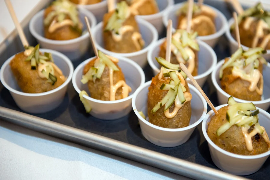 Krave Burger – Burger Bombs, house ground beef, potato crust, Krave sauce.