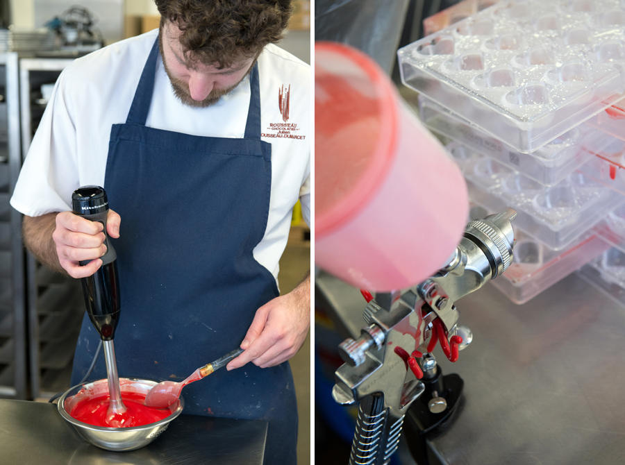 The next layer of chocolate is a beautiful bright red colour, sprayed with an airbrush into the chocolate molds.