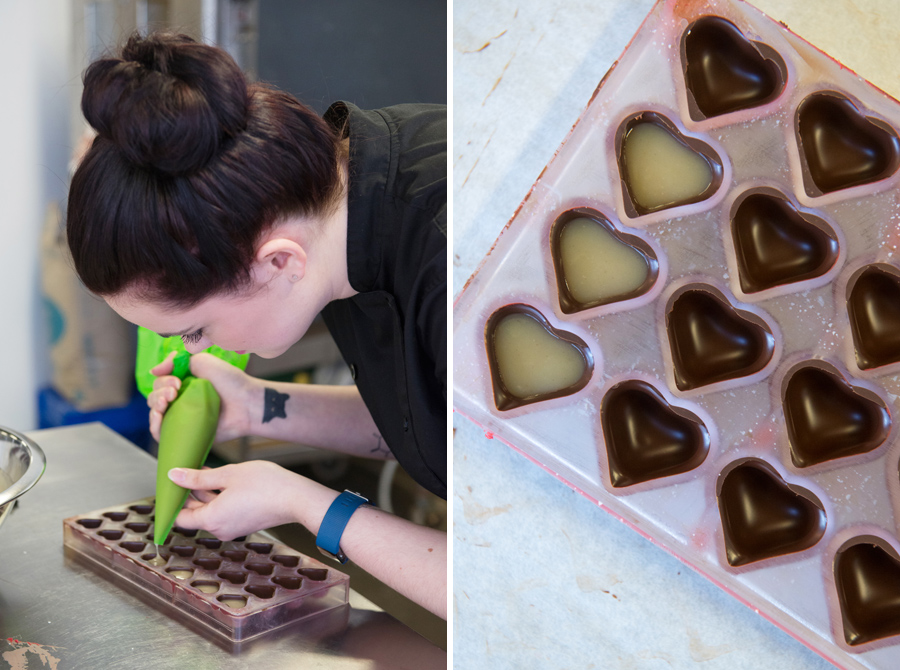 Ellen carefully fills each heart before a final layer of chocolate seals in the flavour.