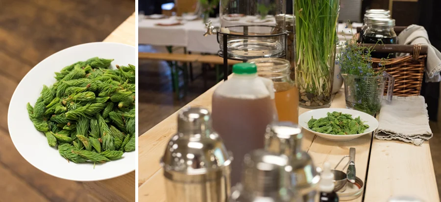 Ingredients for Sarah's welcome mock-tail: Elderflower Spruce Cider Fizz.