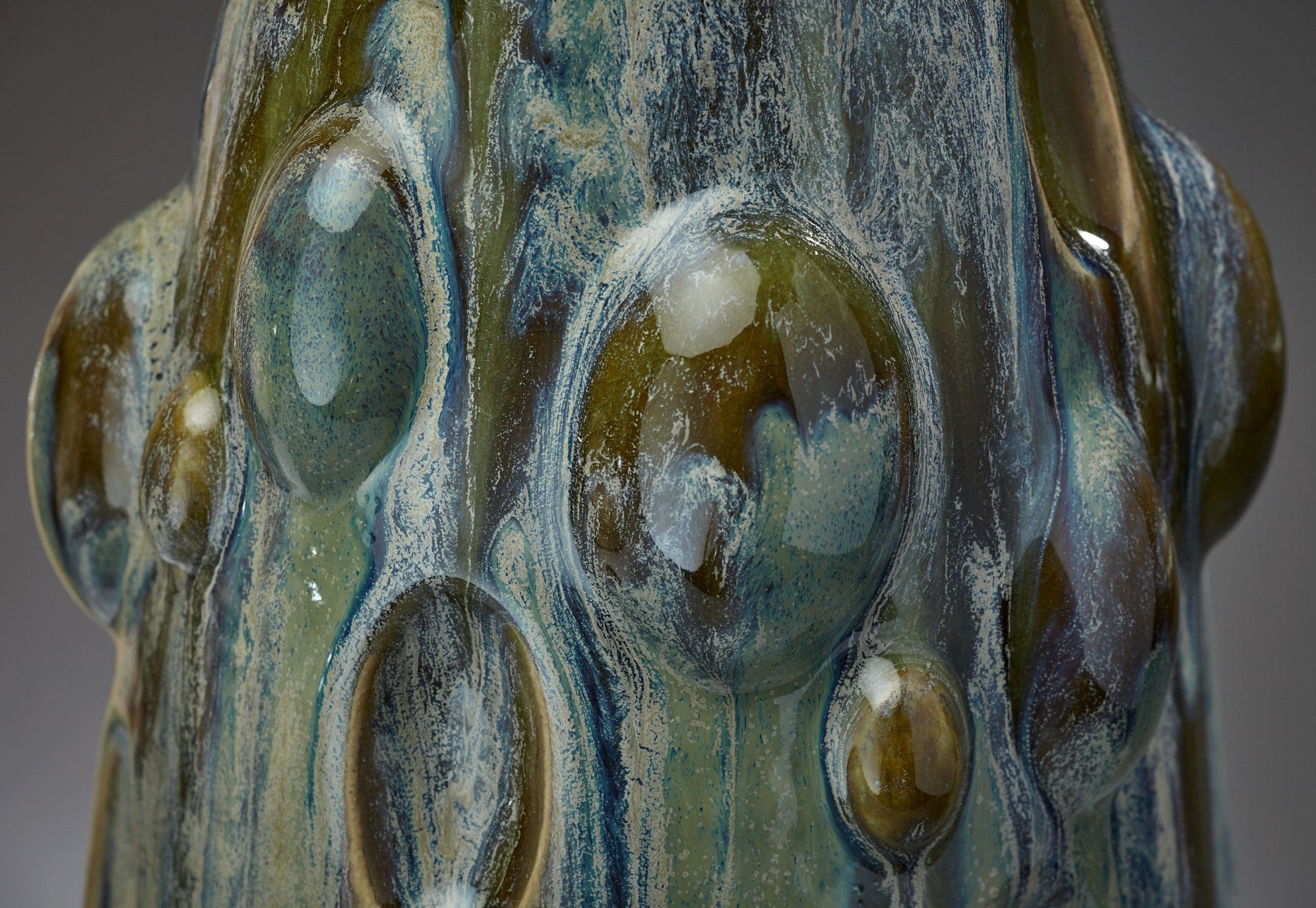 Striated Blue & Green Cylindrical Vase With Oval Drops, detail.jpg