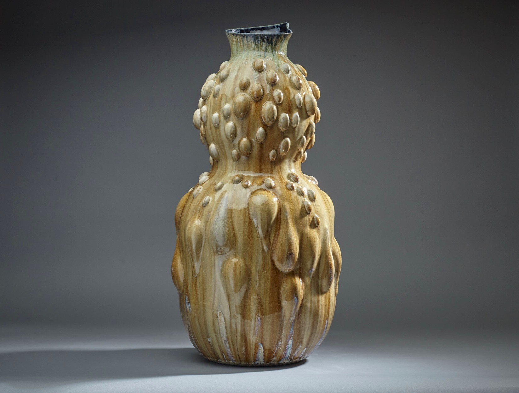Striated Honey & Deep Blue Sculptural Vase With Studs.jpg