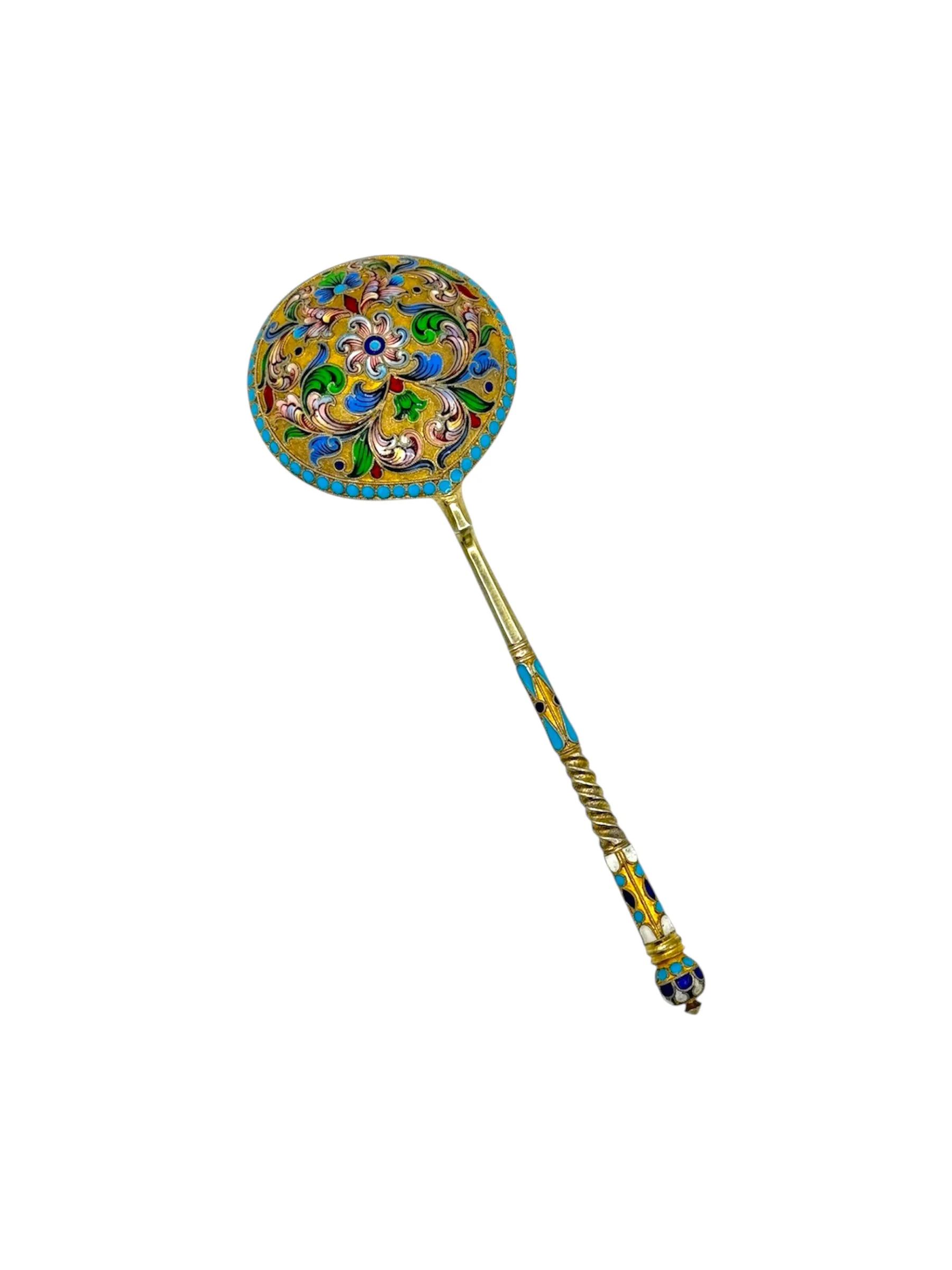 Antique Russian silver cloisonné and shaded enamel spoon by Ivan Saltiov, Moscow c.1900.