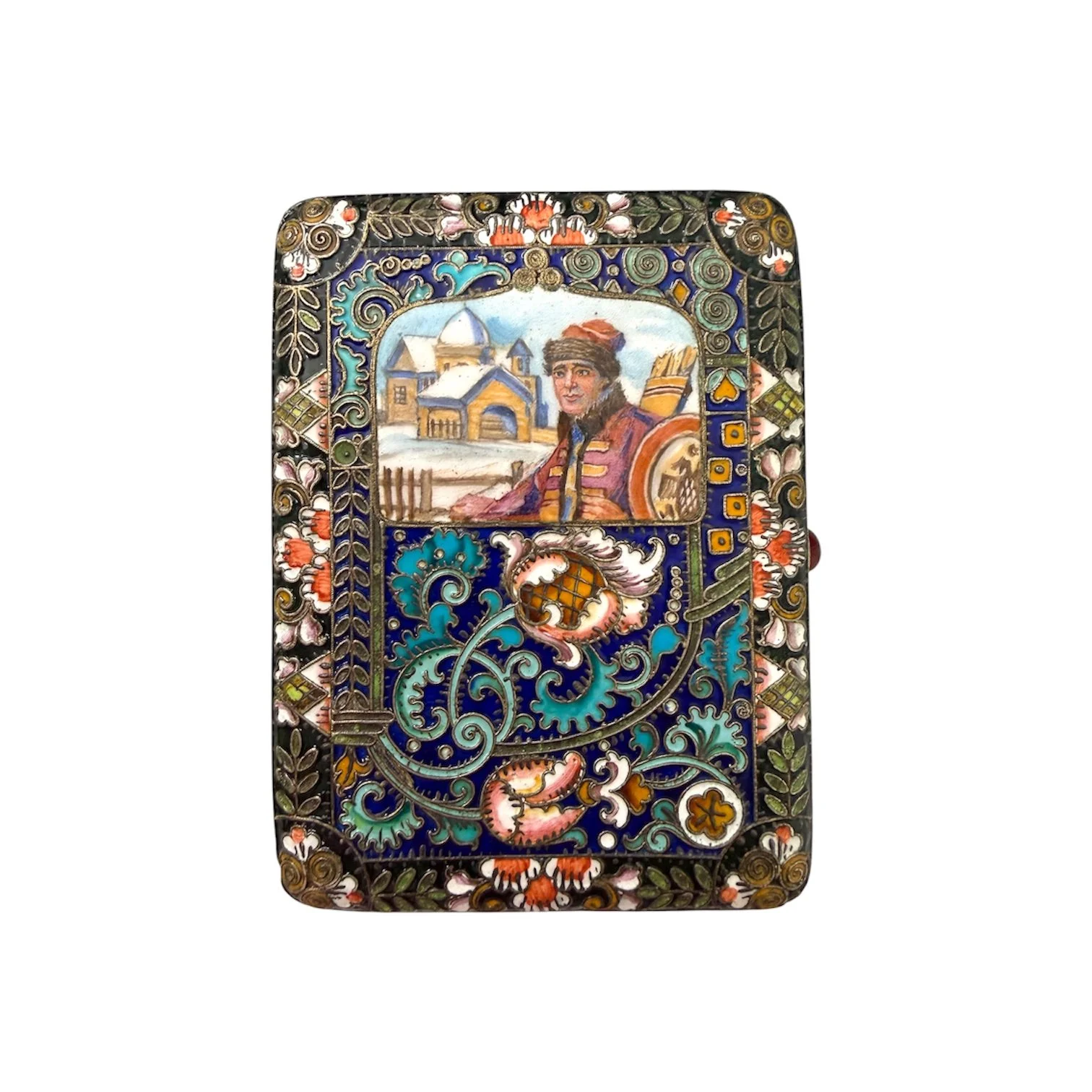 Russian silver gilt, shaded and pictorial enamel cigarette case, Moscow, c.1910.