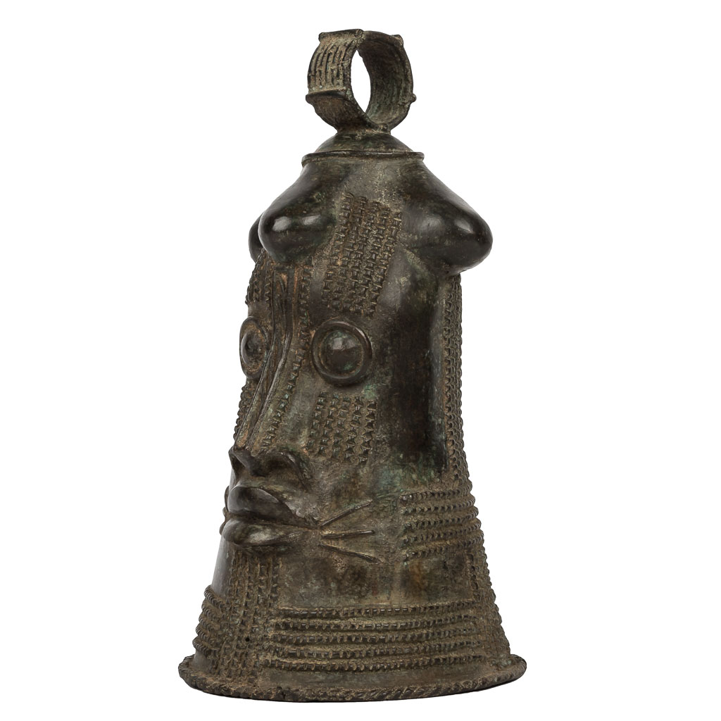 STUNNING AFRICAN CAST BRONZE NUPE FIGURAL BELL