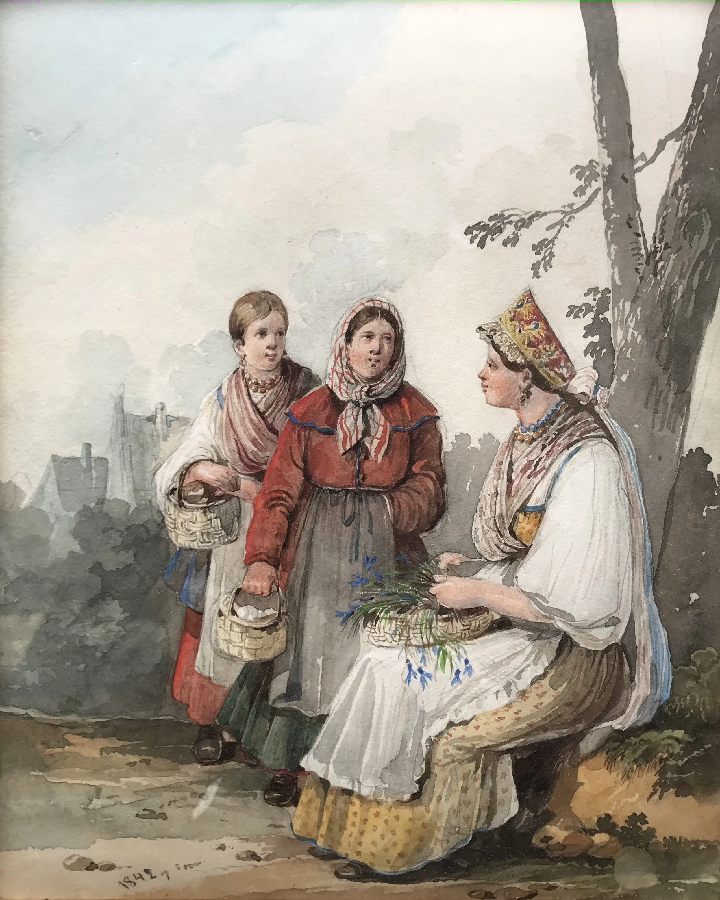 Karl Ivanovich Kollman (Russian 1788-1846). Russian peasants pick up the flowers, watercolour 1842