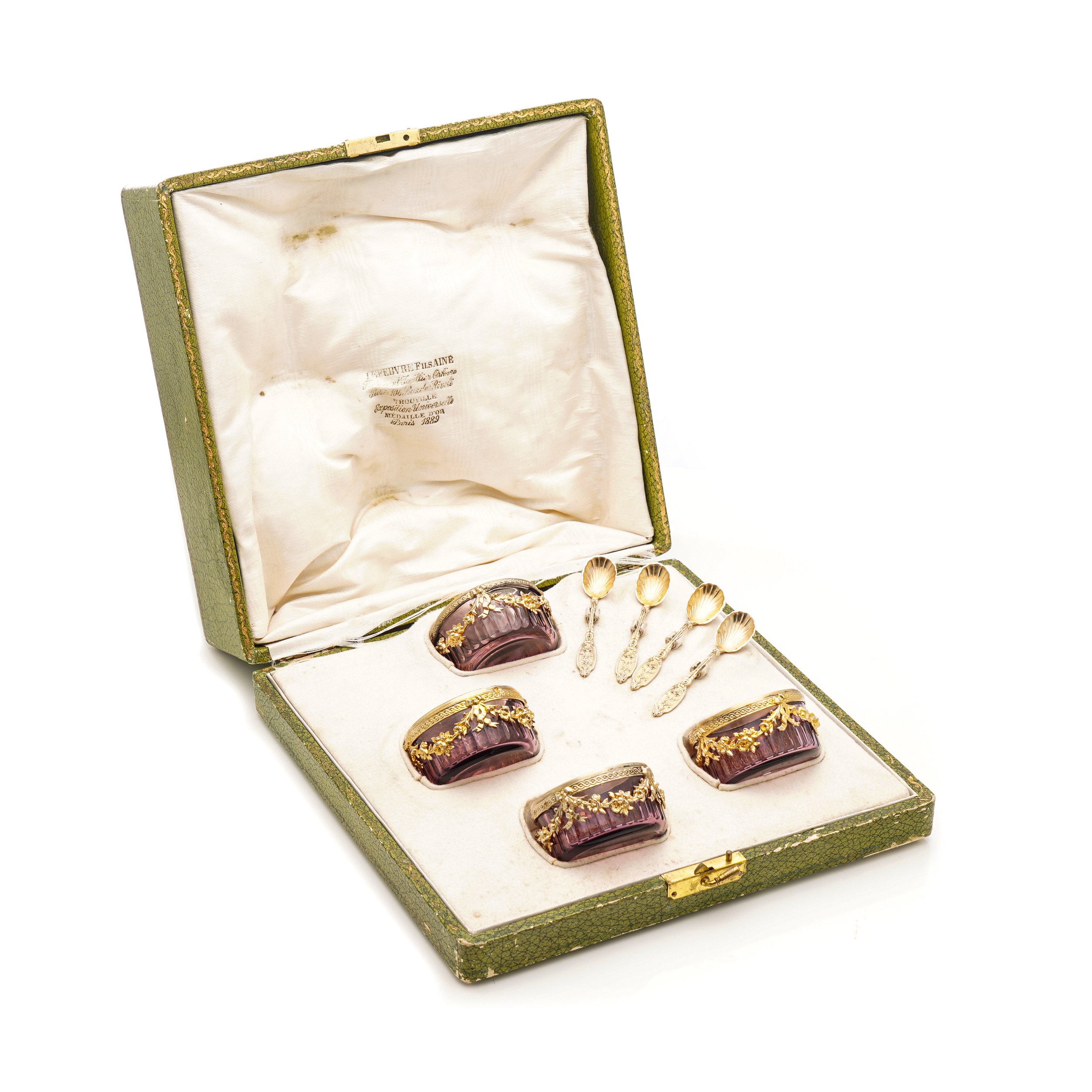 French silver gild and ruby glass set of 4 salts with spoons, 19c.