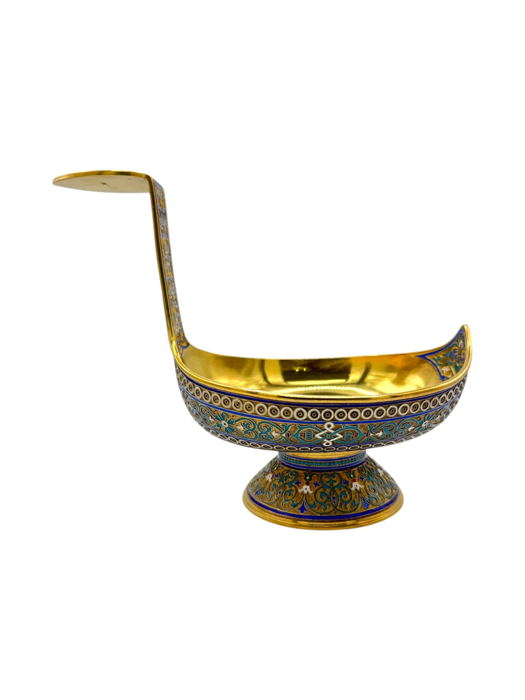 Russian silver gilt and cloisonné enamel kovsh by Antip Kuzmichev , Moscow, 1887.