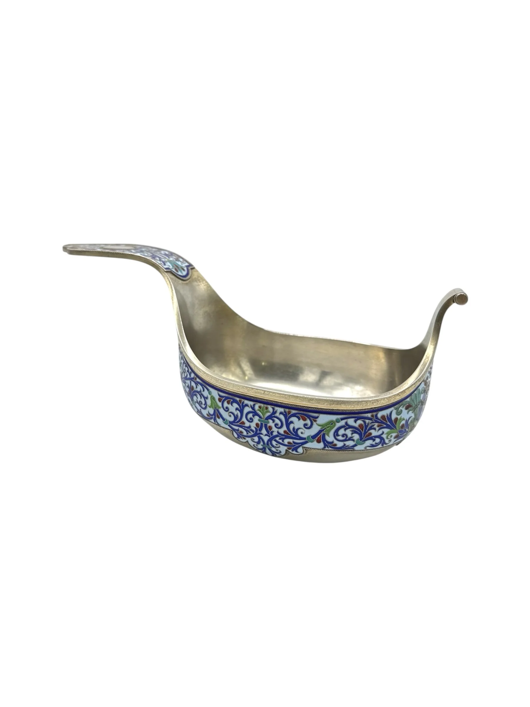 Russian silver and cloisonné enamel kovsh, St. Petersburg, c.1880s by Grachev.