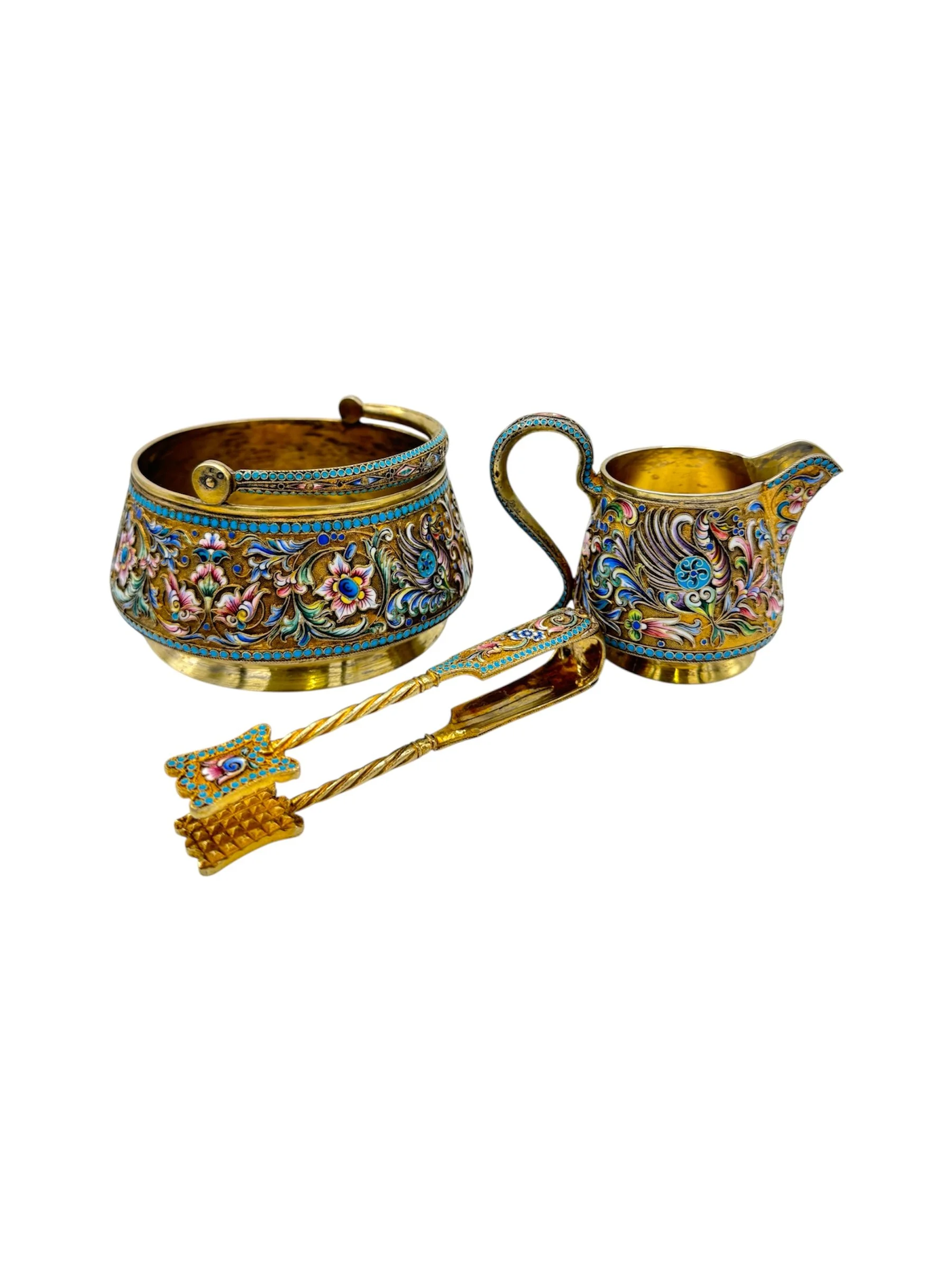 Antique Russian silver gilt cloisonné and shaded enamel sugar basket and creamer and sugar tong by Nikolai Zverev, Moscow c.1910 by