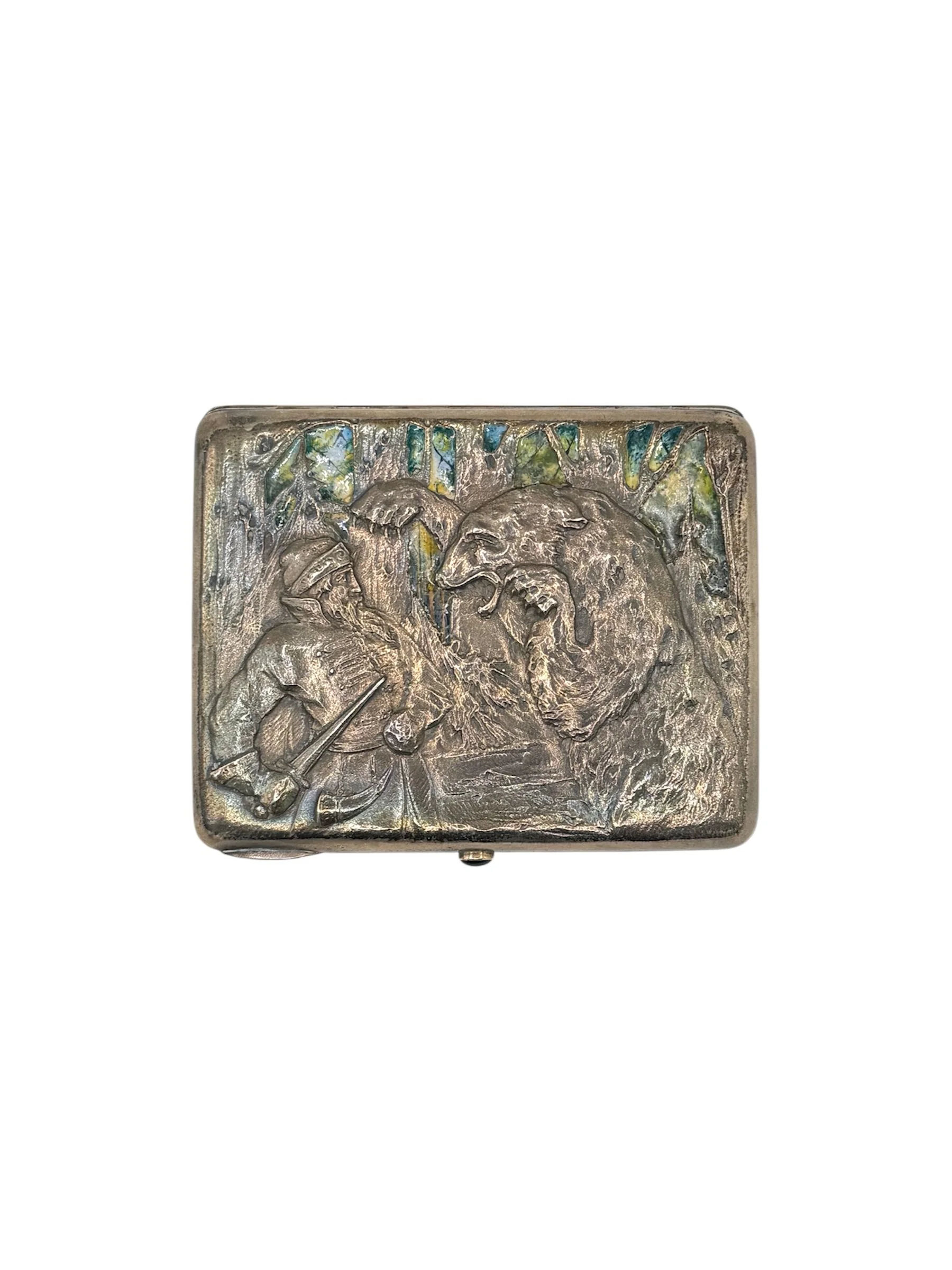 Russian silver gilt and enamel bear fight cigarette case, Moscow, c.1910 by Grigory Sbitnev.