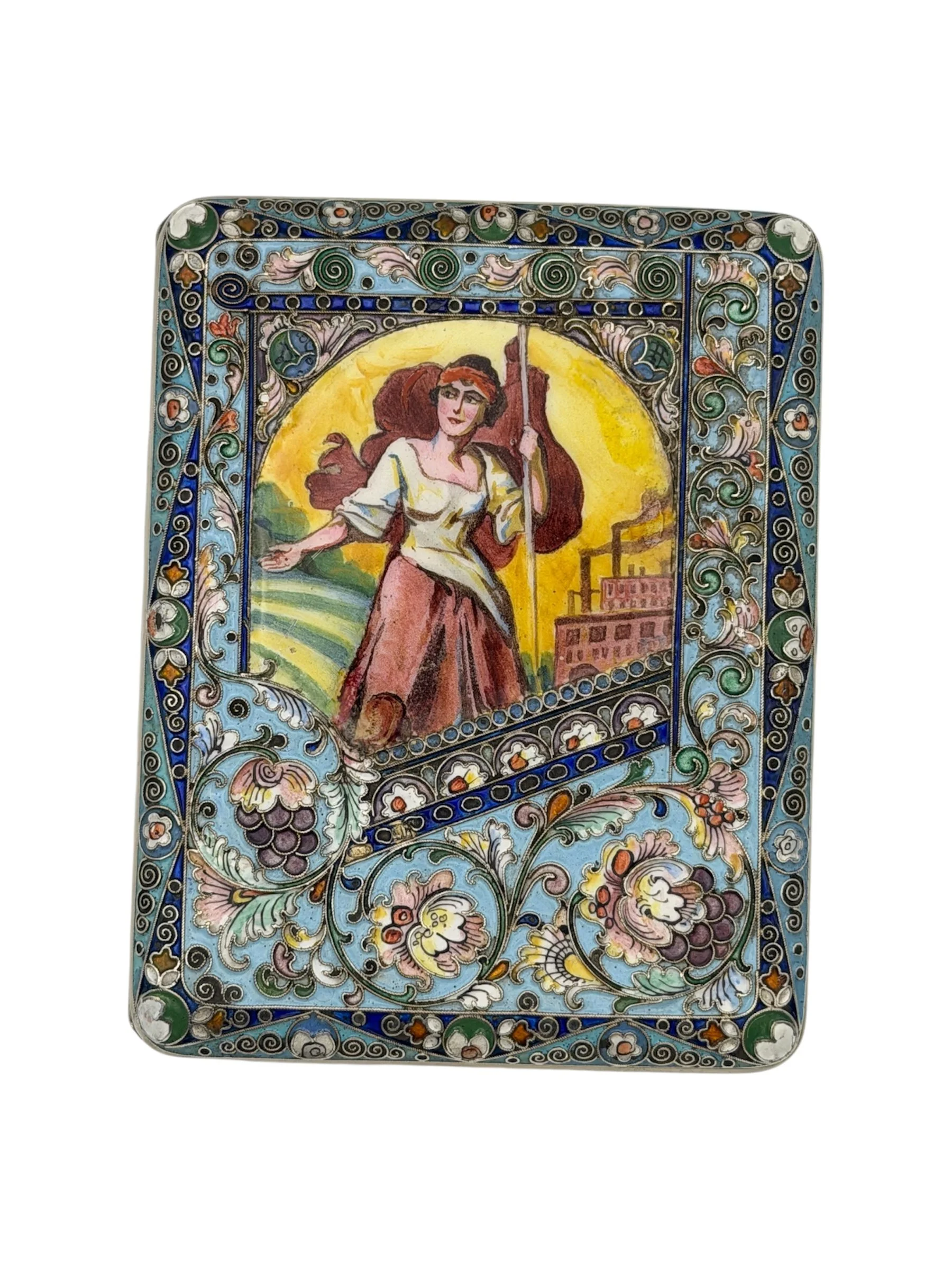 Russian silver gilt and pictorial and shaded enamel cigarette case, Moscow, c.1918-1928.