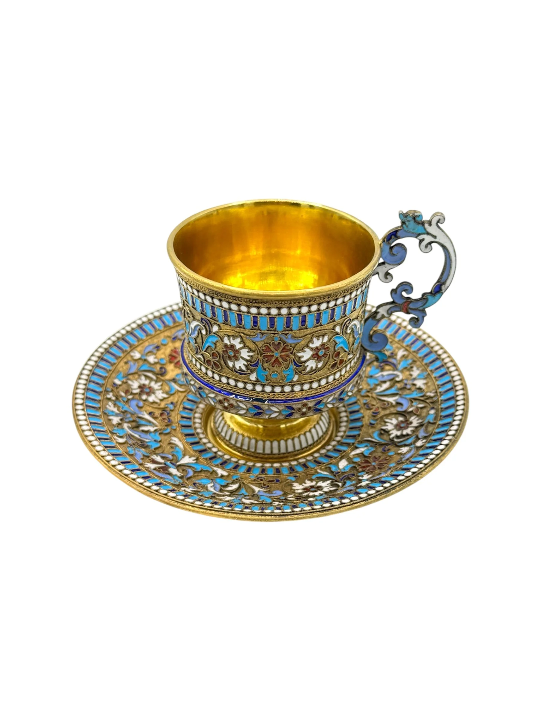 Russian silver gilt and cloisonné enamelled cup and saucer, c.1900, Moscow by Vasily Agafonov.