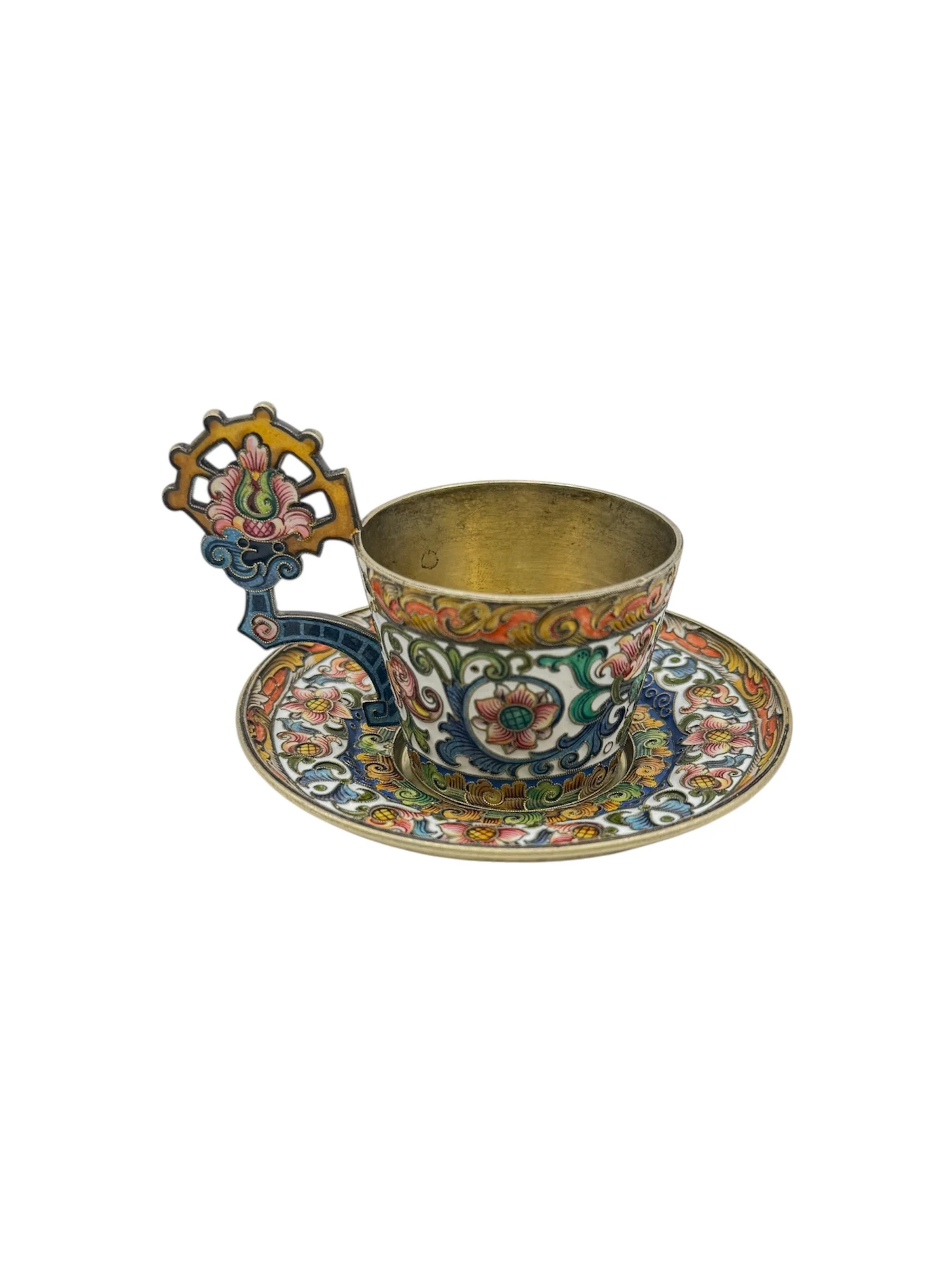 Faberge cloisonné and shaded enamel silver gilt cup and saucer, Moscow c.1900 by Fedor Ruckert.