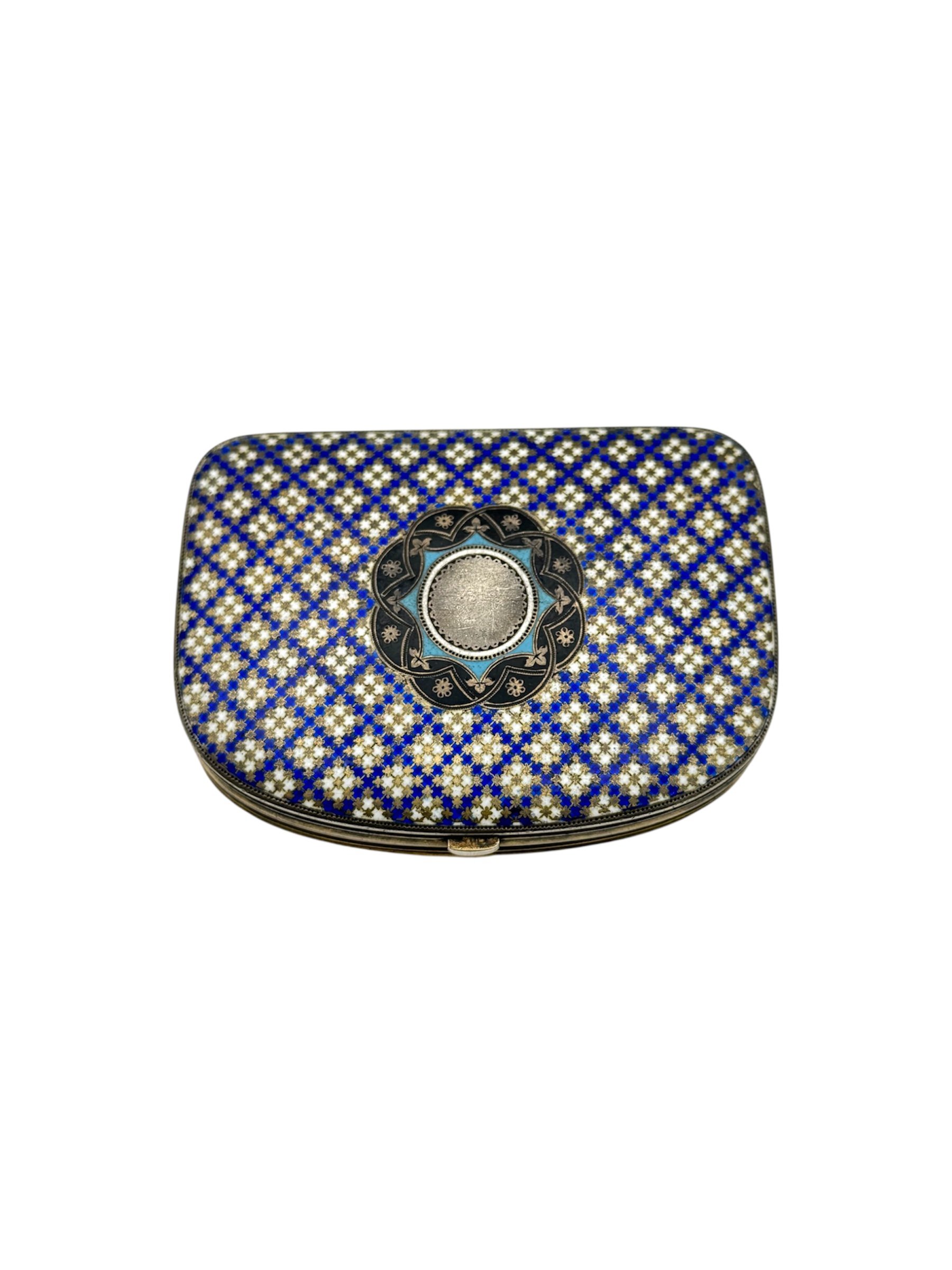 Russian silver gilt and champleve enamel purse by Khlebnikov, Moscow, 1875.