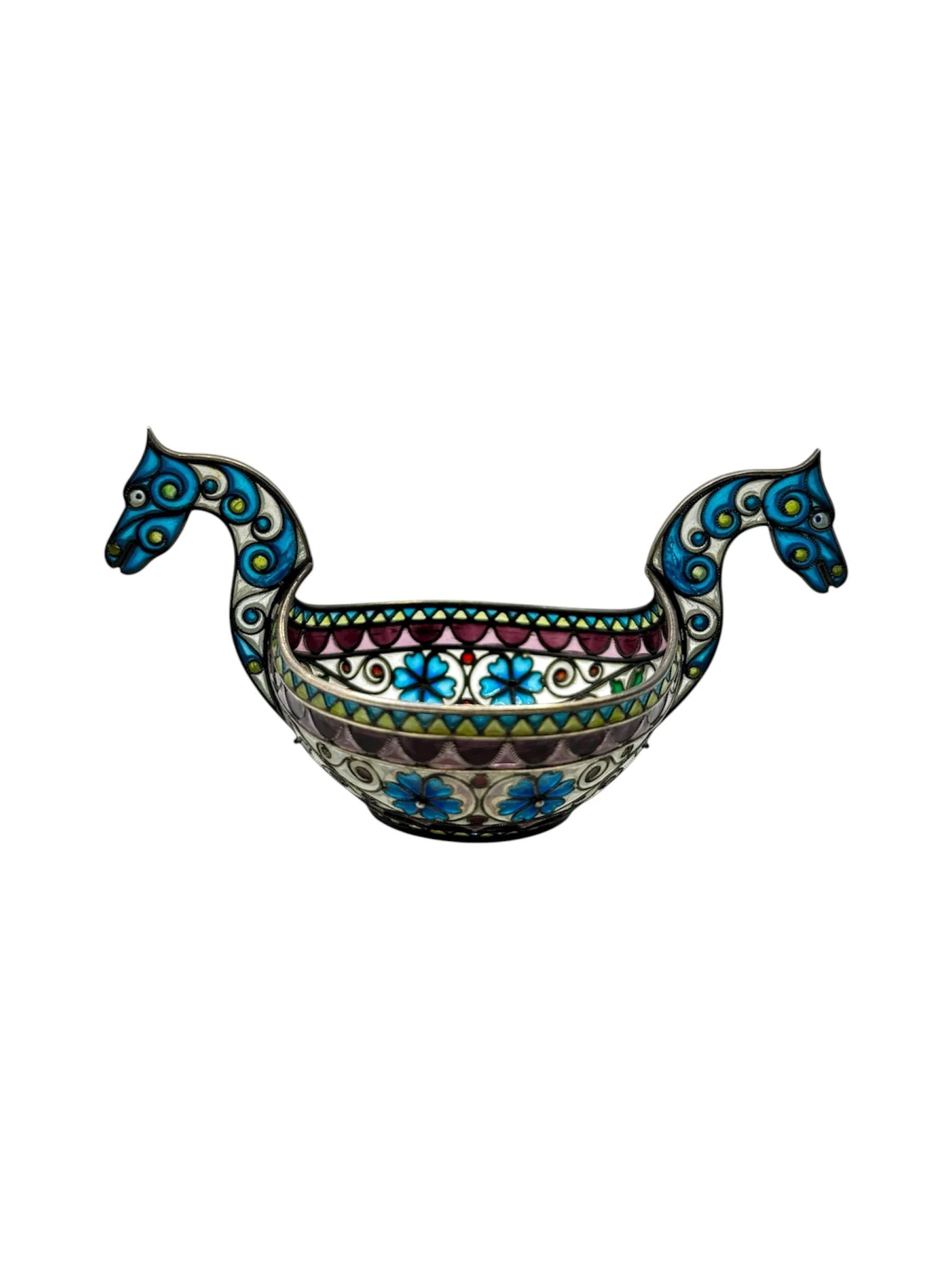 Antique Norwegian silver and plique-a-jour, guilloche enamel kovsh boat, c.1900, Marius Hammer.