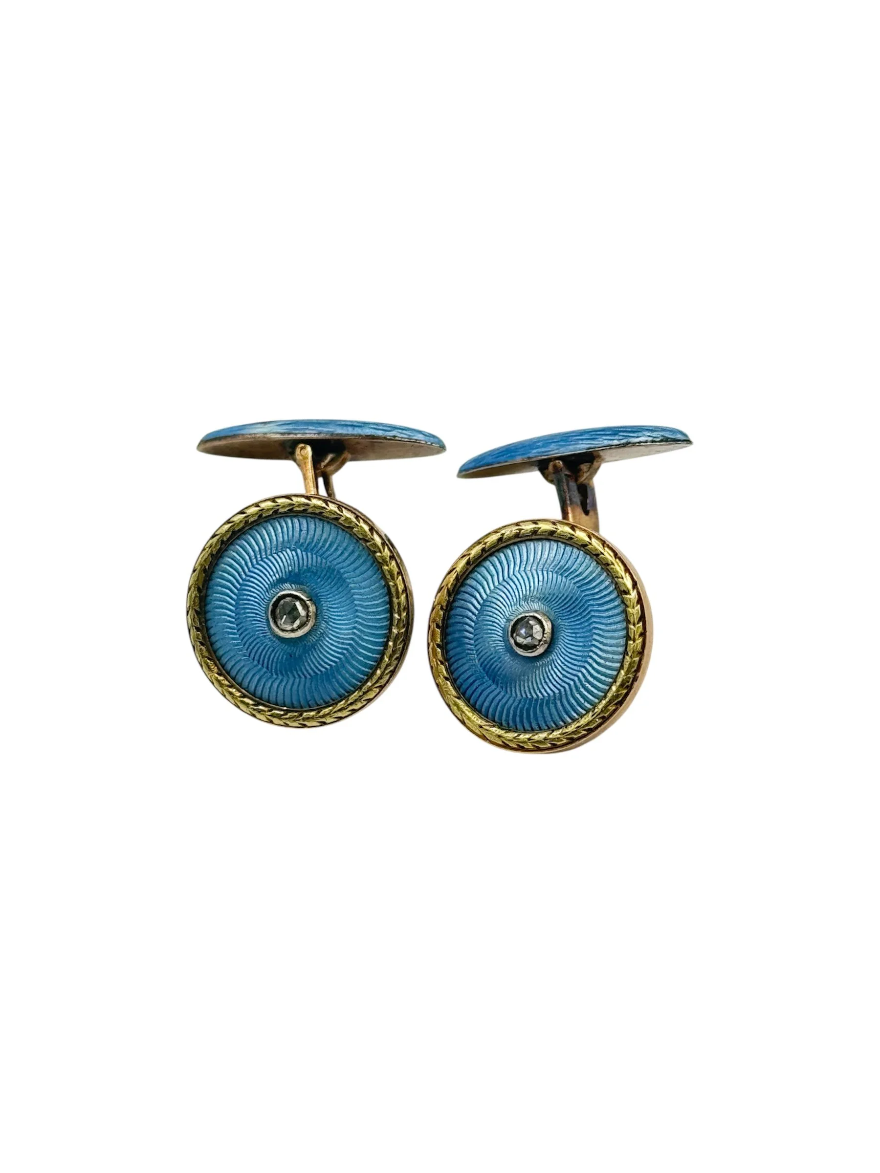 Russian gold and diamond with blue guilloche enamel pair of cufflinks, 1st Moscow Artel, c.1915.