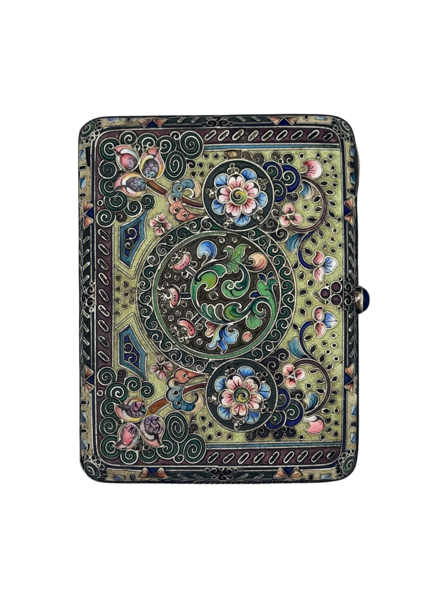 Russian silver gilt and cloisonné and shaded enamel cigarette case, Moscow , c.1910 by БиГ.