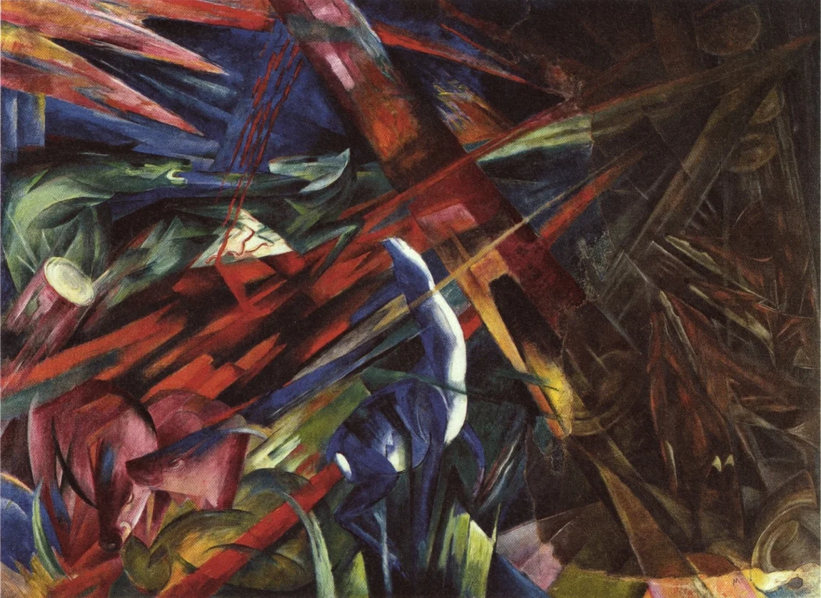 THE FATE OF THE ANIMALS by Franz Marc, 1913 Franz Marc is a painter I have been aware of but his style never spoke to me (it reminded me too much of Chagall), but today I sat transfixed in front of this painting that was finished shortly before the outbreak of World War I. Reading about the painting it becomes clear that it is one of foreshadowing and great enigmatic power. And you can feel it. Depicting animals in the woods struggling in a fire, the painting itself was partially burned down in a fire and later restored by Paul Klee. It is unclear why Klee decided to use brown color for his restoration.