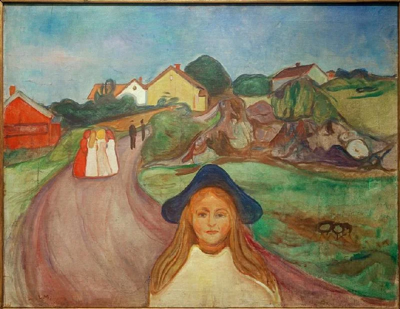 STREET IN ASGARDSTRAND by Edvard Munch, 1901 I guess this spoke to me because I saw myself in it. I felt very much like an outsider growing up, and I felt particularly disconnected during puberty. It seemed like all the other girls were in in some secret that I didn't understand. This I see represented in the circle of girls or women standing so close together that it looks like they won't let you in. And the heroine is standing alone, facing away from them, looking at us very directly - she doesn't seem confused nor distraught, her gaze is too confident. She seems okay to be standing alone. And yet she's wondering - asking us - where her place is in the world. I don't know anything about the background of this painting, but to me it's about identity. 