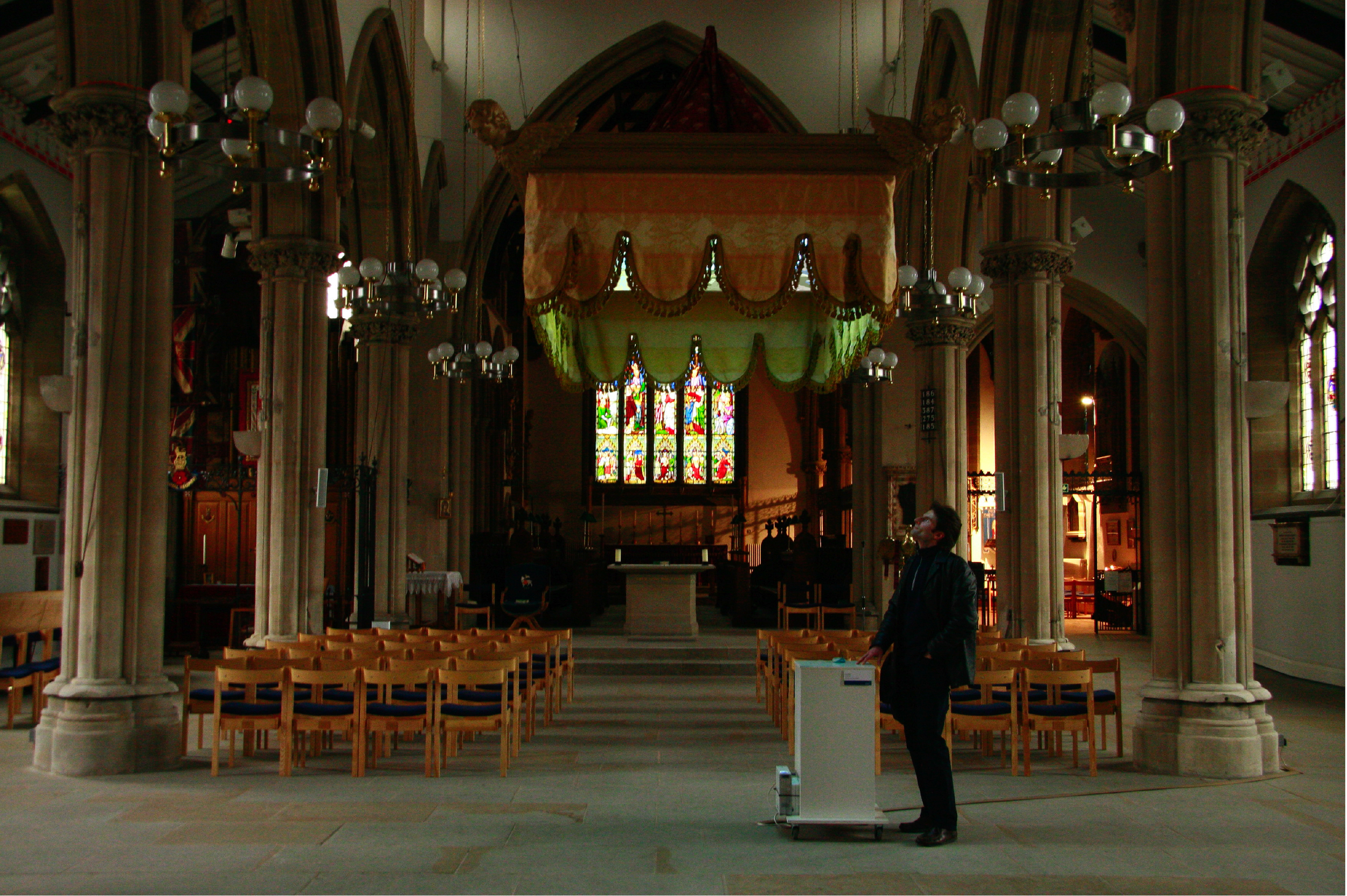 PLAYING GOD, interactive database movie, sound, sculpture , site specific installation, the Preston Minster, Preston, UK, 2007