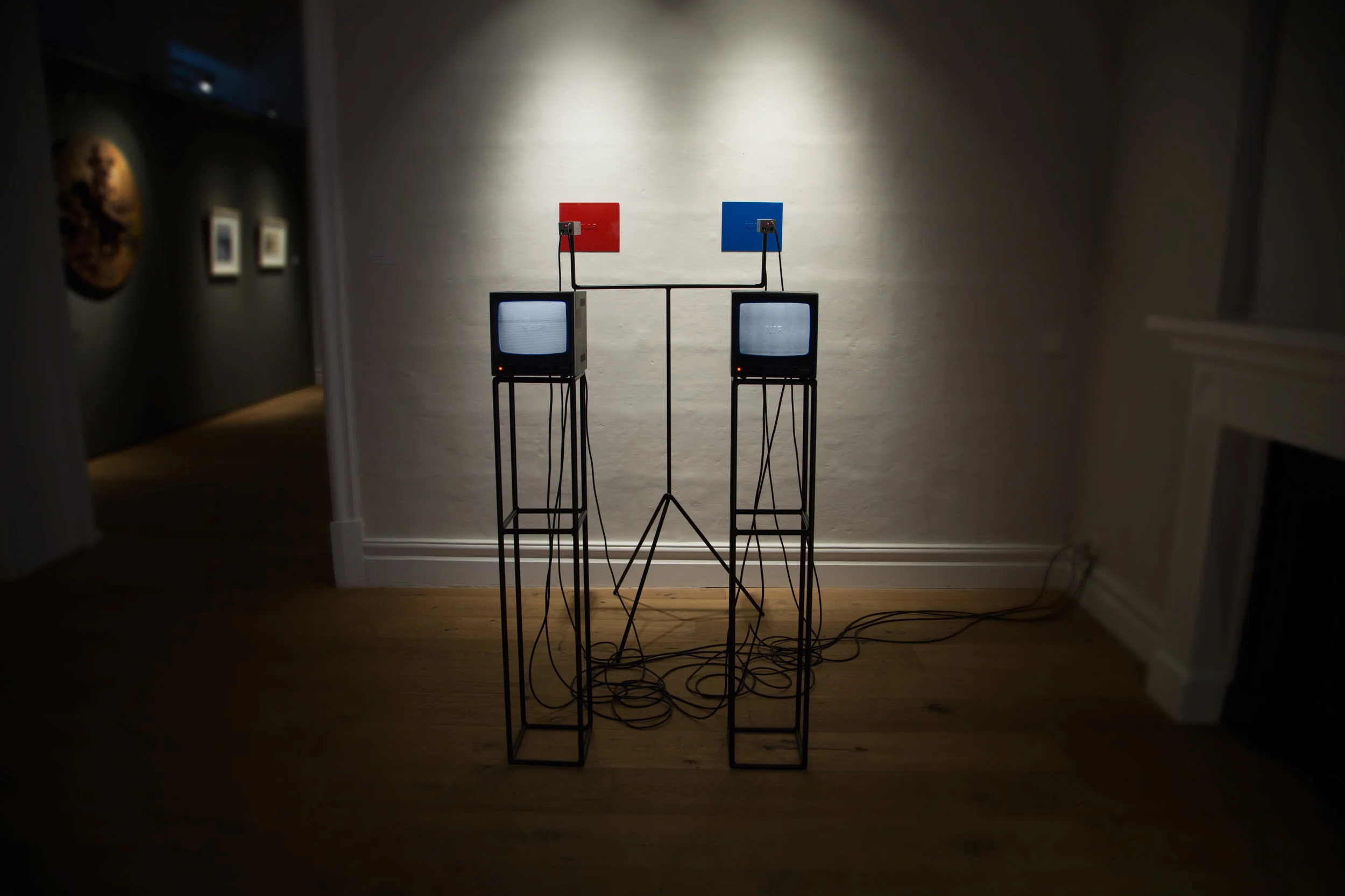 NAR-NIR (for AB), text, plastic, paint, steel, CCTV cameras, CRT monitors , Human Matter exhibition, MSA galleries, Valletta, 2017