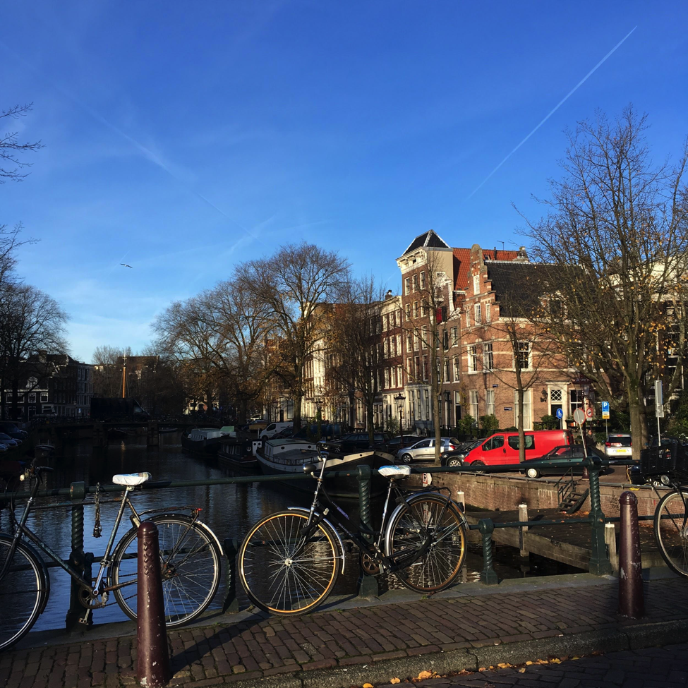 Bicycle travel is very common in the beautiful city of Amsterdam