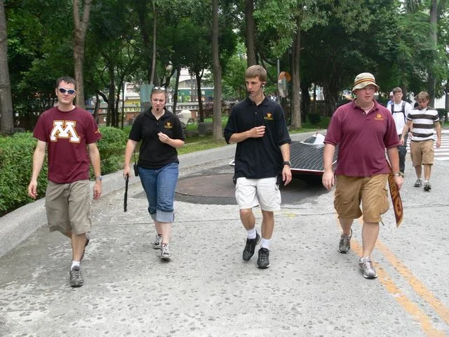 Walking the car around the campus.