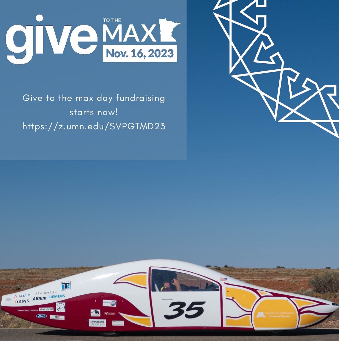 Give to the Max Day is coming up on Nov 16th! We are raising funds to help our team continue competing at races like the Bridgestone World Solar Challenge in Australia. The team and Gaia have finished second in the race. This is a 1,800 mile race fro