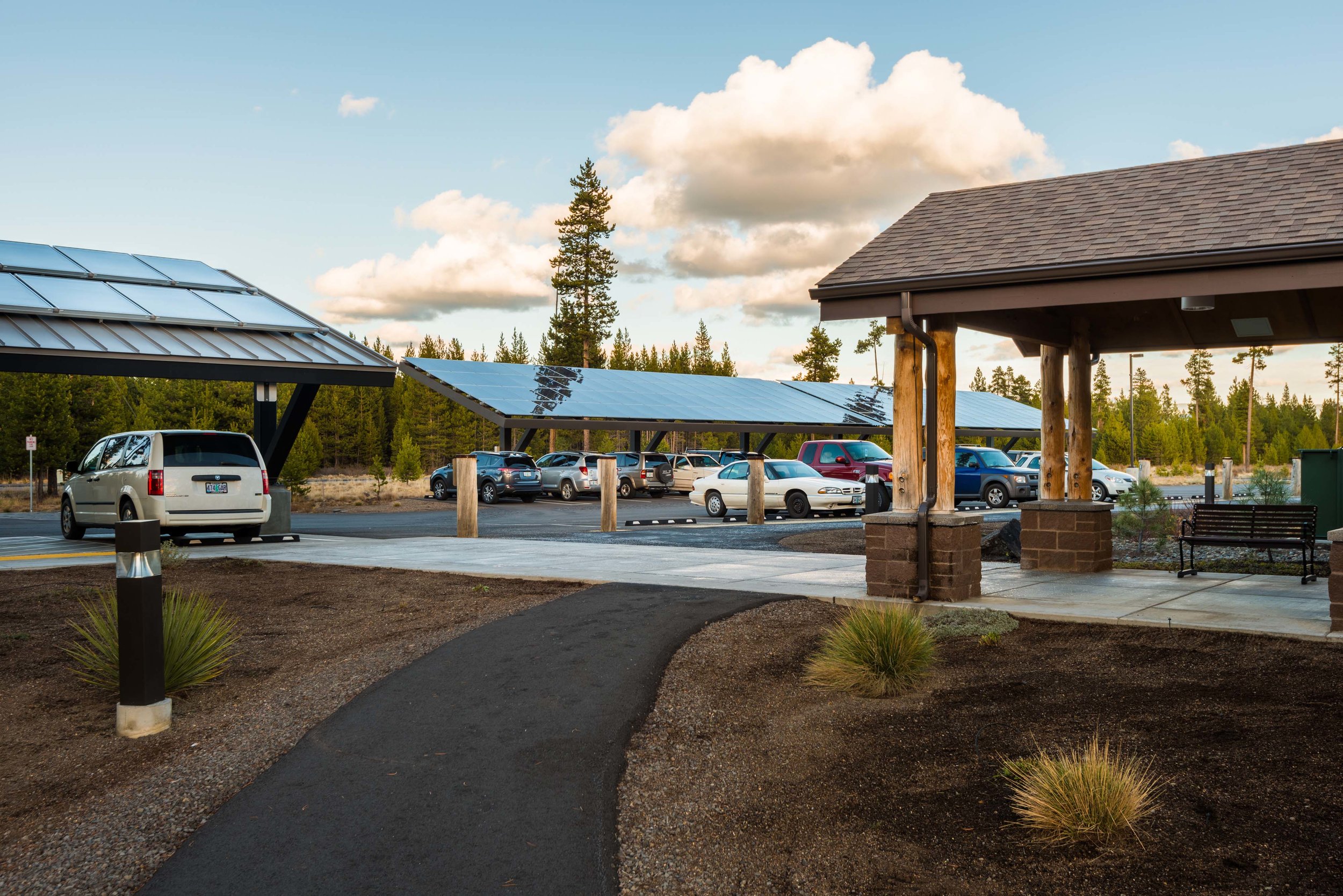 SOlar PHOtovoltaic and solar thermal panels on Car Ports at Little DeSCHUTES Lodge