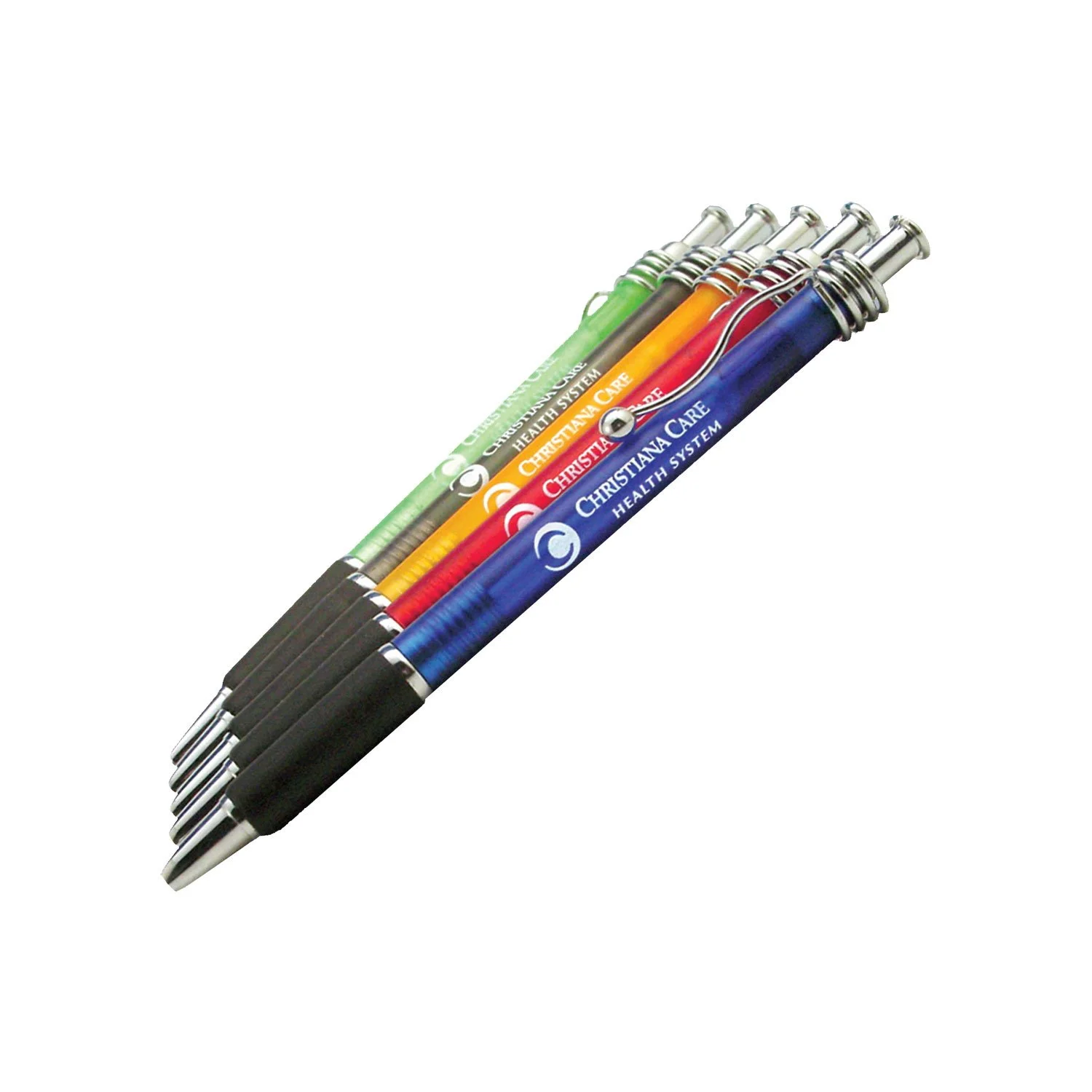 row of pad printed pens in various different colors