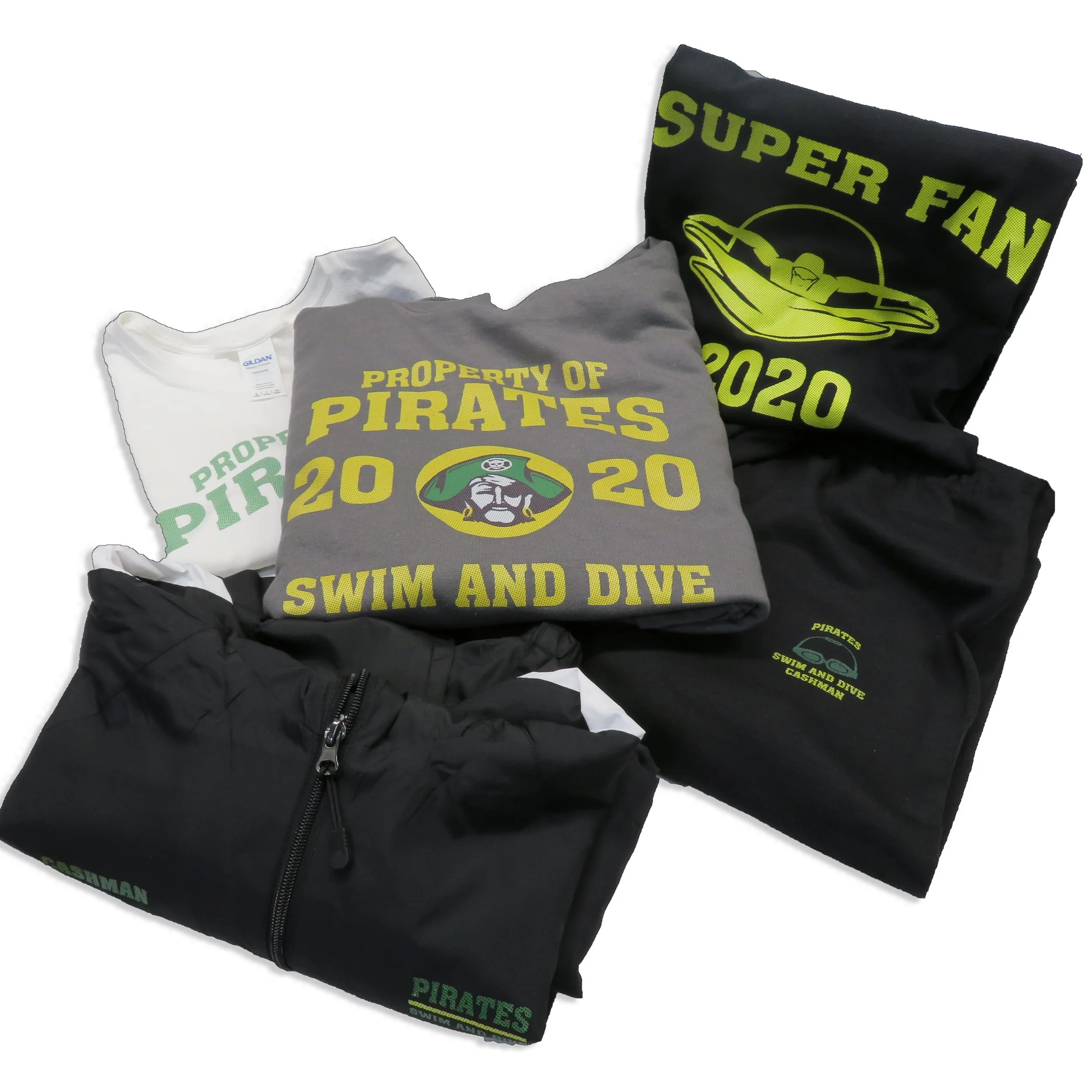 pile of shirts and pants with heat transfer decorations