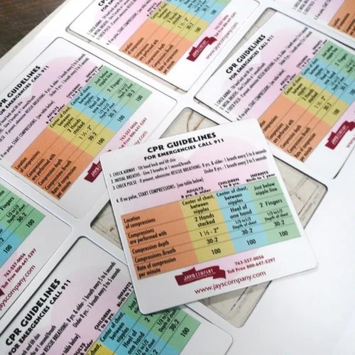 close up of a 4x4 cpr guideline magnet being die cut